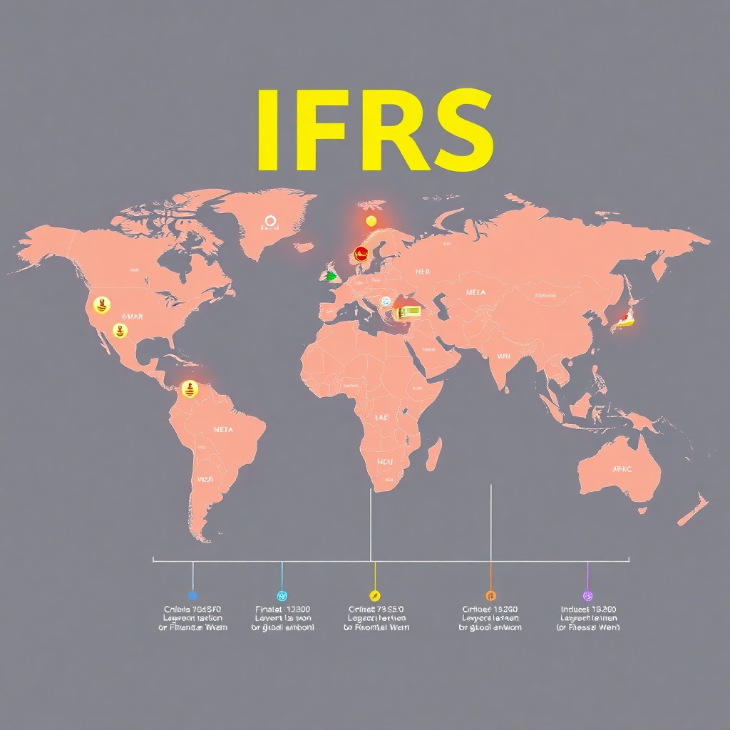 An image depicting the global reach of IFRS using a world map visualization, incorporating various financial data points.  The image should have a modern, professional look with sophisticated visual communication.  Include financial symbols from various countries to symbolize the international scope of the standards.