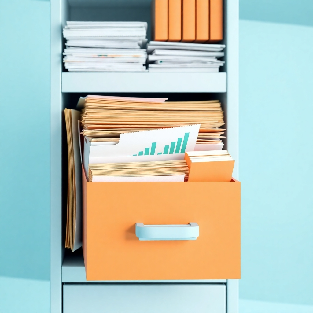 An image depicting the organization and management of financial records, such as a well-organized filing cabinet or a digital dashboard. Use a clean and professional color palette, reflecting the accuracy and efficiency associated with bookkeeping.
