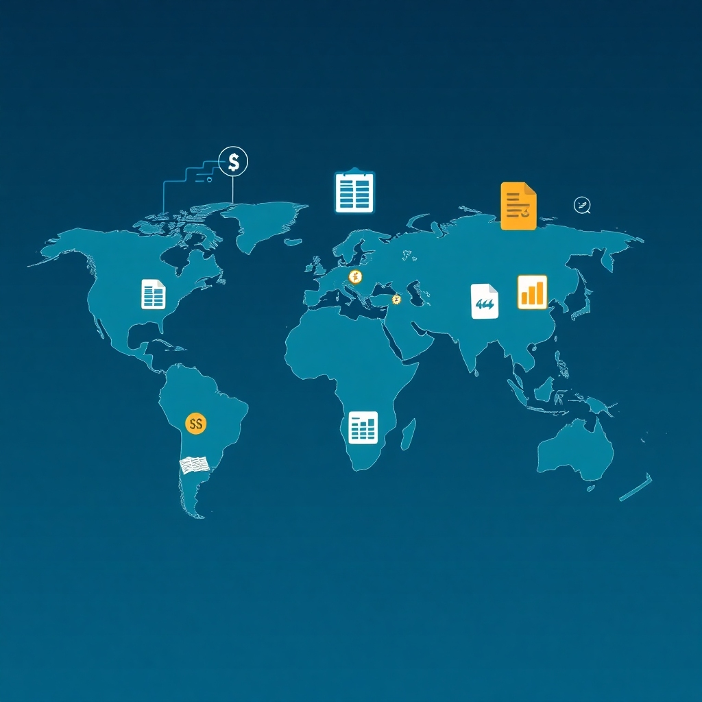 An image illustrating the global interconnectedness of accounting standards, perhaps a stylized world map with financial symbols overlaid.  The image could include various financial documents and symbols from different cultures, representing the universal language of finance and the broad adoption of these principles.  Aim for a professional and sophisticated aesthetic