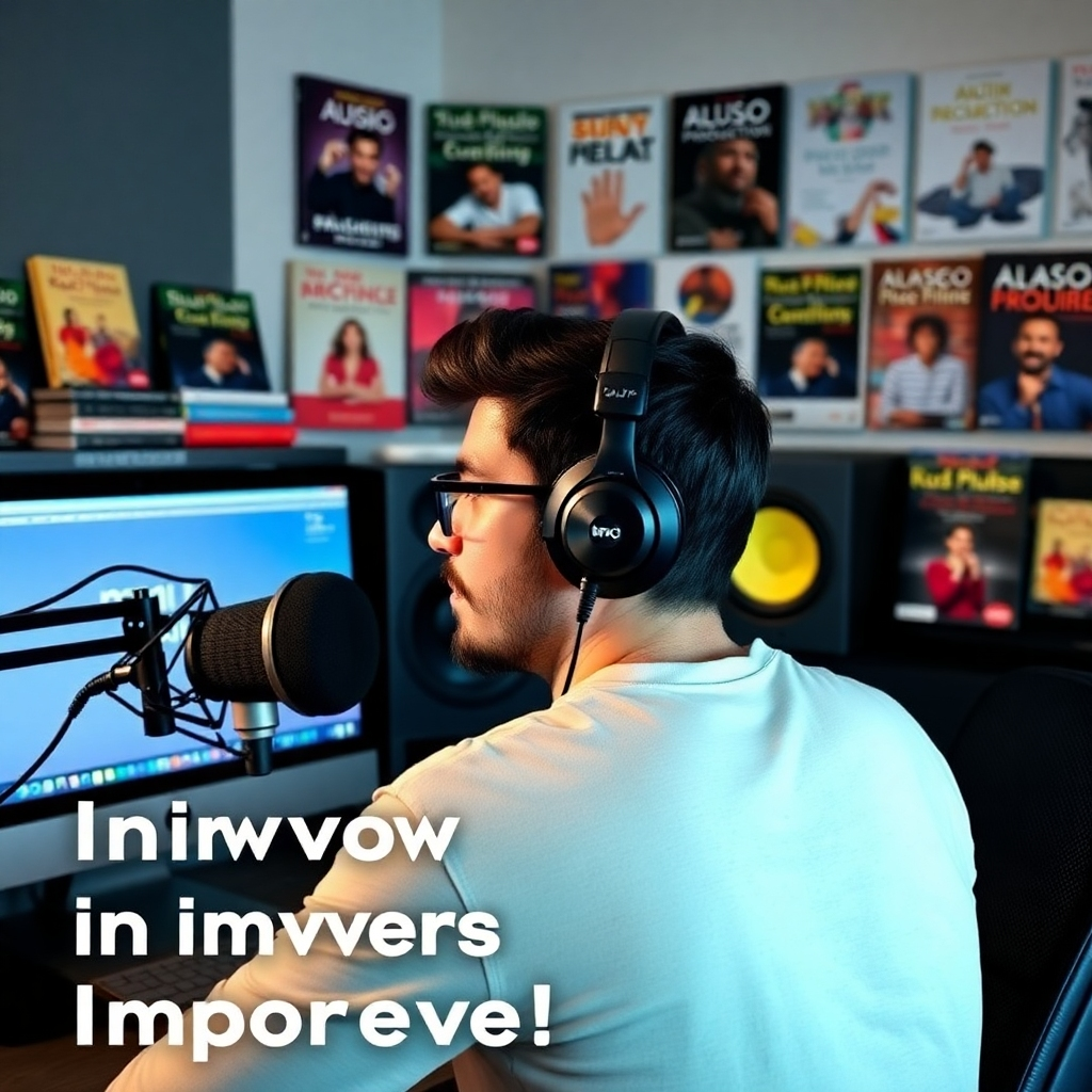 An image of a person in a home studio with a computer, headphones, and microphone. The background shows various audio production books or online courses. The style should evoke a sense of improvement and skill advancement.