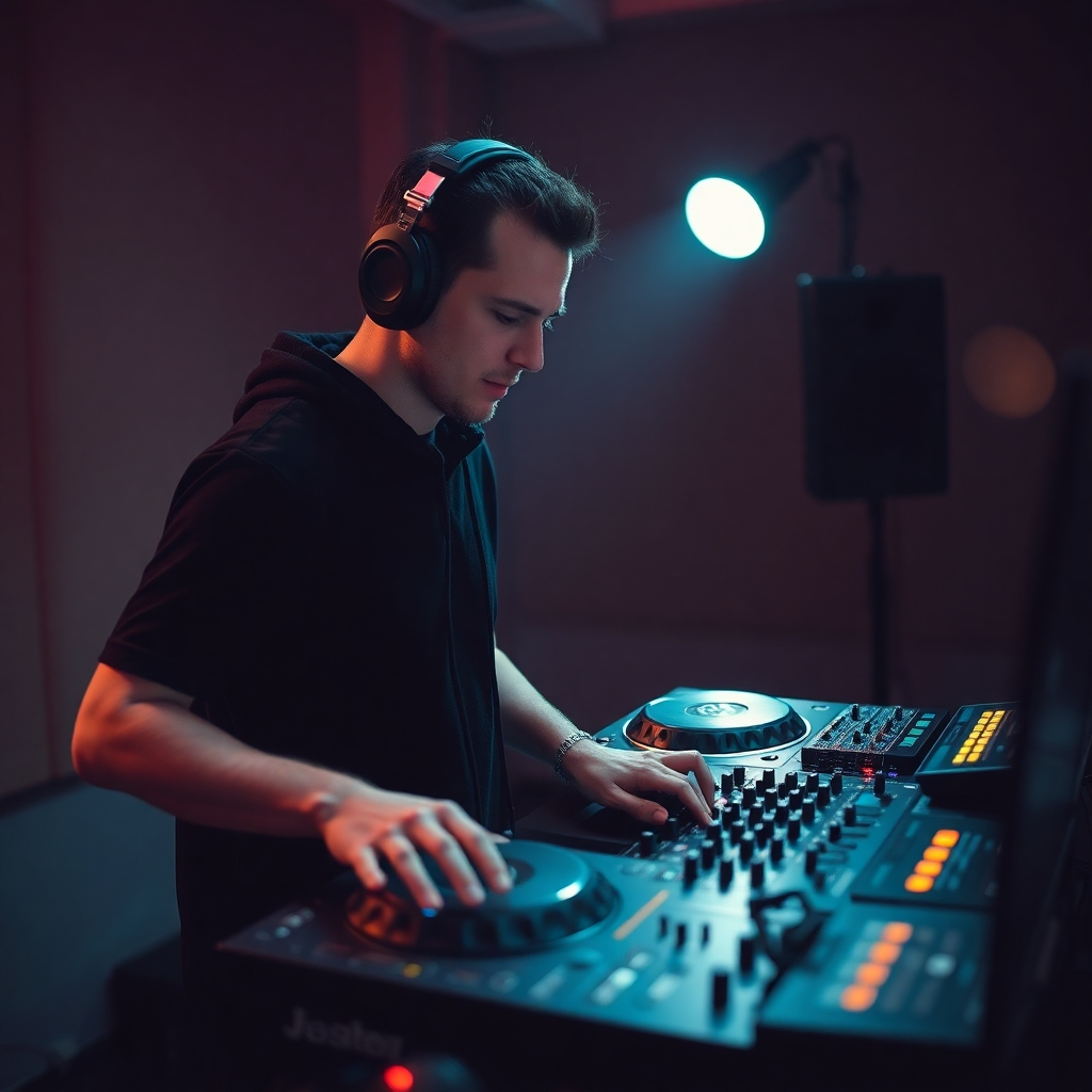 An image of a person practicing their skills on a DJ set, possibly in a studio setting. This should showcase focus and dedication, and the lighting should be soft but focused on the individual. The image must be realistic and intimate