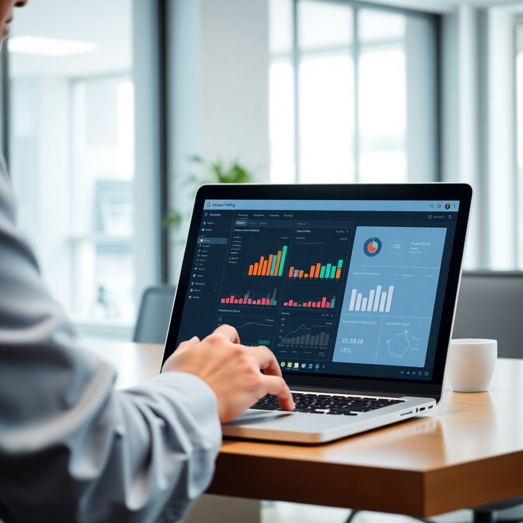 An image of a person using accounting software on a laptop, seamlessly integrating with other business systems. The setting should be a modern office, well-lit and modern, emphasizing efficiency and ease of use.  Color palette should be professional, calming, and modern.  Technical specs: 4k resolution, high-quality image, focus on details of the software interface.