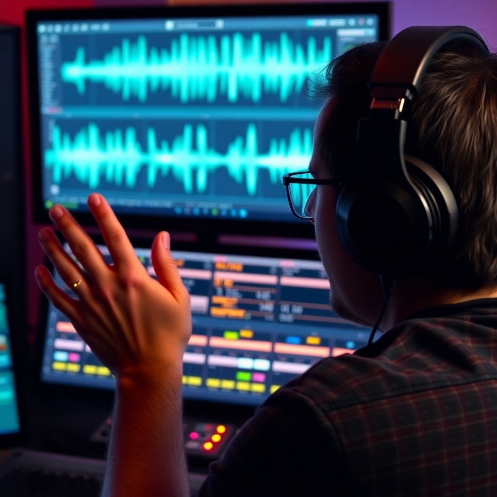 An image of a person wearing headphones, intensely listening to and inspecting soundwaves on a monitor. The image should emphasize the critical listening aspect of mastering.