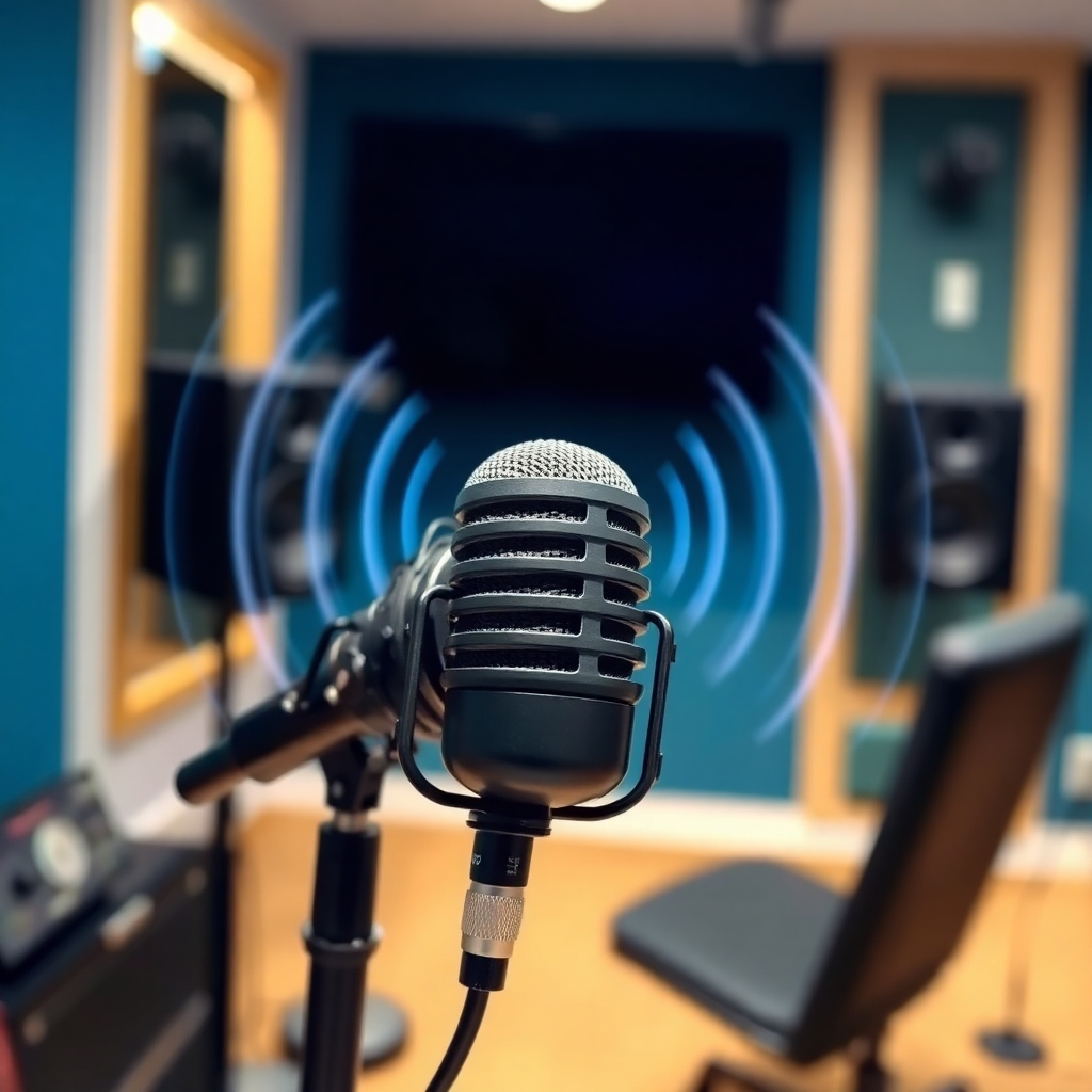 An image of a professional microphone with sound waves emanating from it, in a clean and modern recording studio setting.