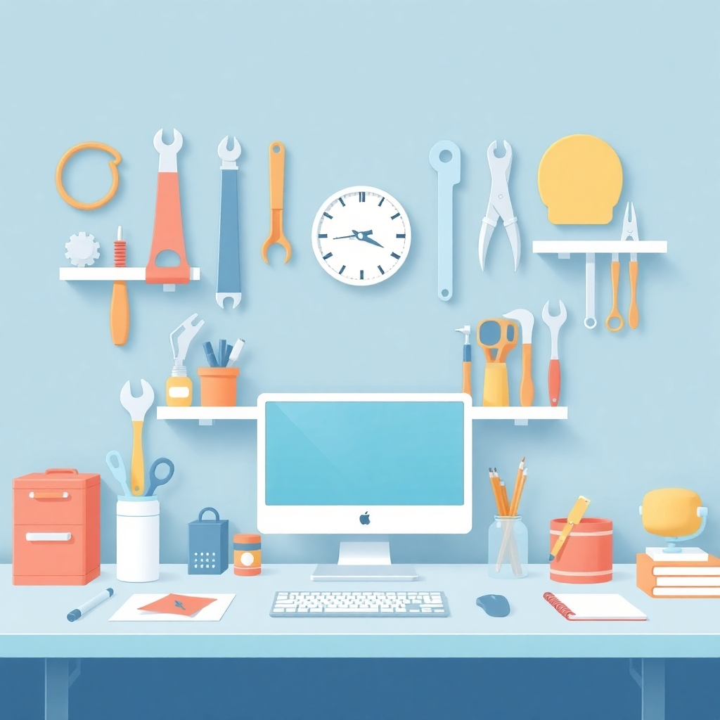 An image of a well-organized workspace with various tools symbolizing efficiency, using a color palette that is clean and modern.