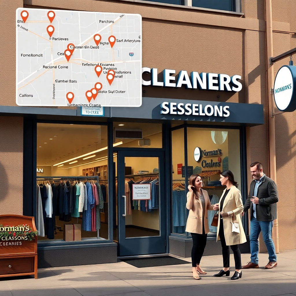 An image showcasing multiple aspects of convenient service: A map pinpointing several Norman's Four Seasons Cleaners locations, a clean and modern storefront, a person dropping off clothes, and another picking them up.  Focus on elements suggesting ease of access and reliability.