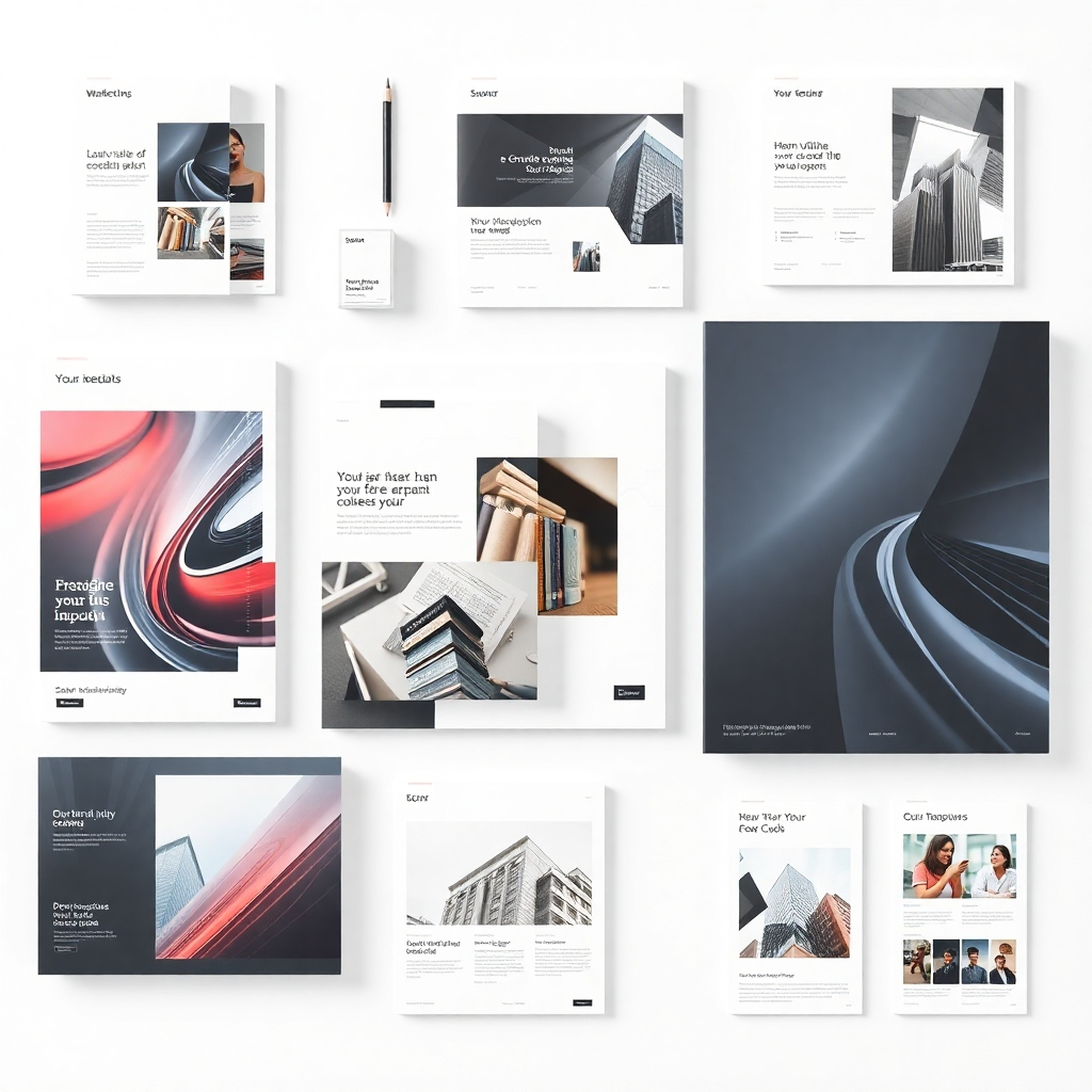 An image showcasing various marketing materials such as brochures, social media posts, and email templates in a clean, sophisticated layout.  The style should be elegant and modern, showcasing high-quality print and digital design. Lighting should be even and crisp.  The textures should reflect the quality and precision of the designs.