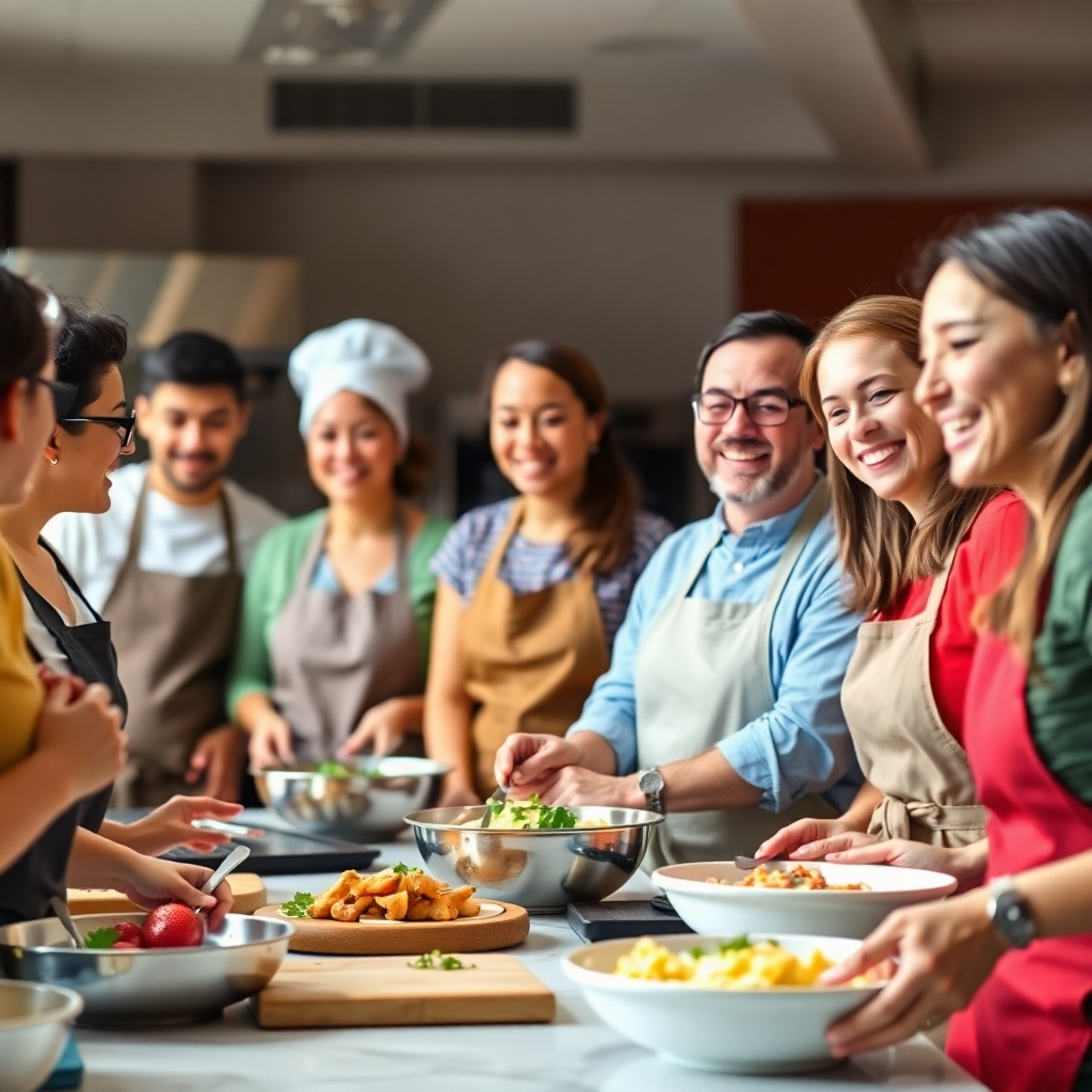 An image showing a group of people happily participating in a cooking class. The composition focuses on interaction and fun. The lighting should be bright and airy, emphasizing the cheerful atmosphere. The color palette should be vibrant and varied, showcasing the food and activities. The camera angle is from a slightly high angle. The texture details should be shown throughout. The environment is a professional kitchen setting. The style is lifestyle photography with an emphasis on happy interactions. The resolution is 4K and the image should be high quality.