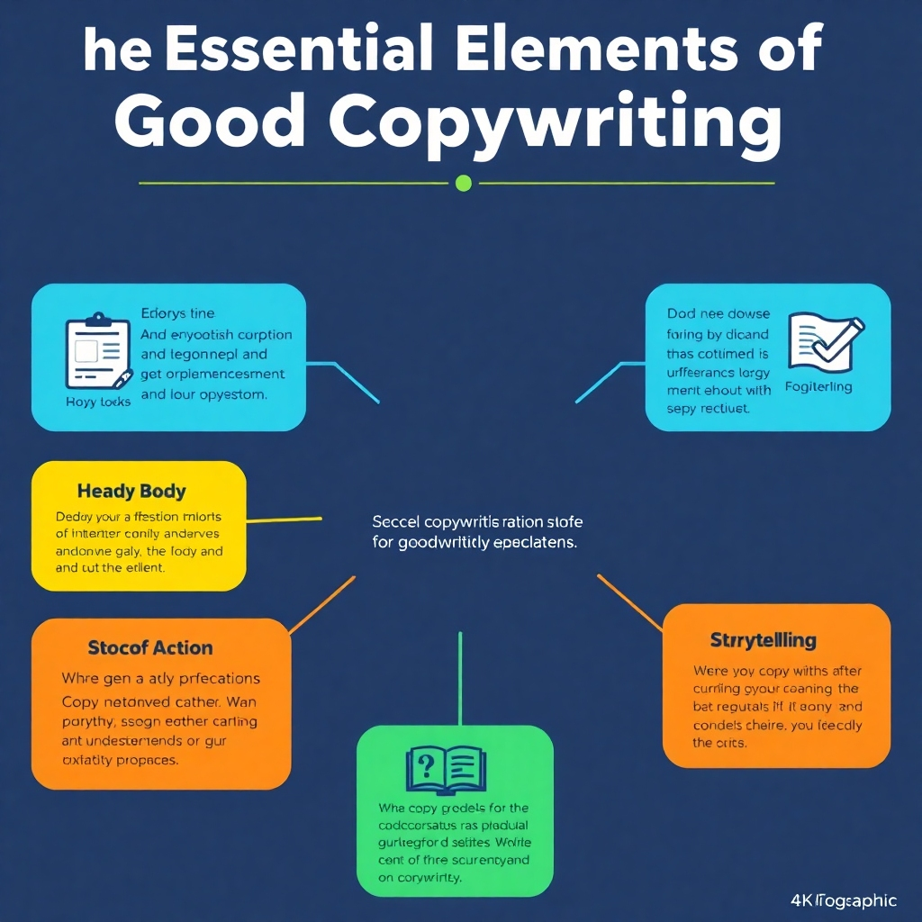 An infographic image in 4K resolution, showcasing the essential elements of good copywriting.&nbsp; This could be a stylized image with icons and clear text explaining different aspects like headline, body, call-to-action and storytelling.  Style should be educational, using bright and friendly colors. The layout should be clean and uncluttered, focusing on clarity and understanding.&nbsp; Textures could include subtle shading to highlight different sections.