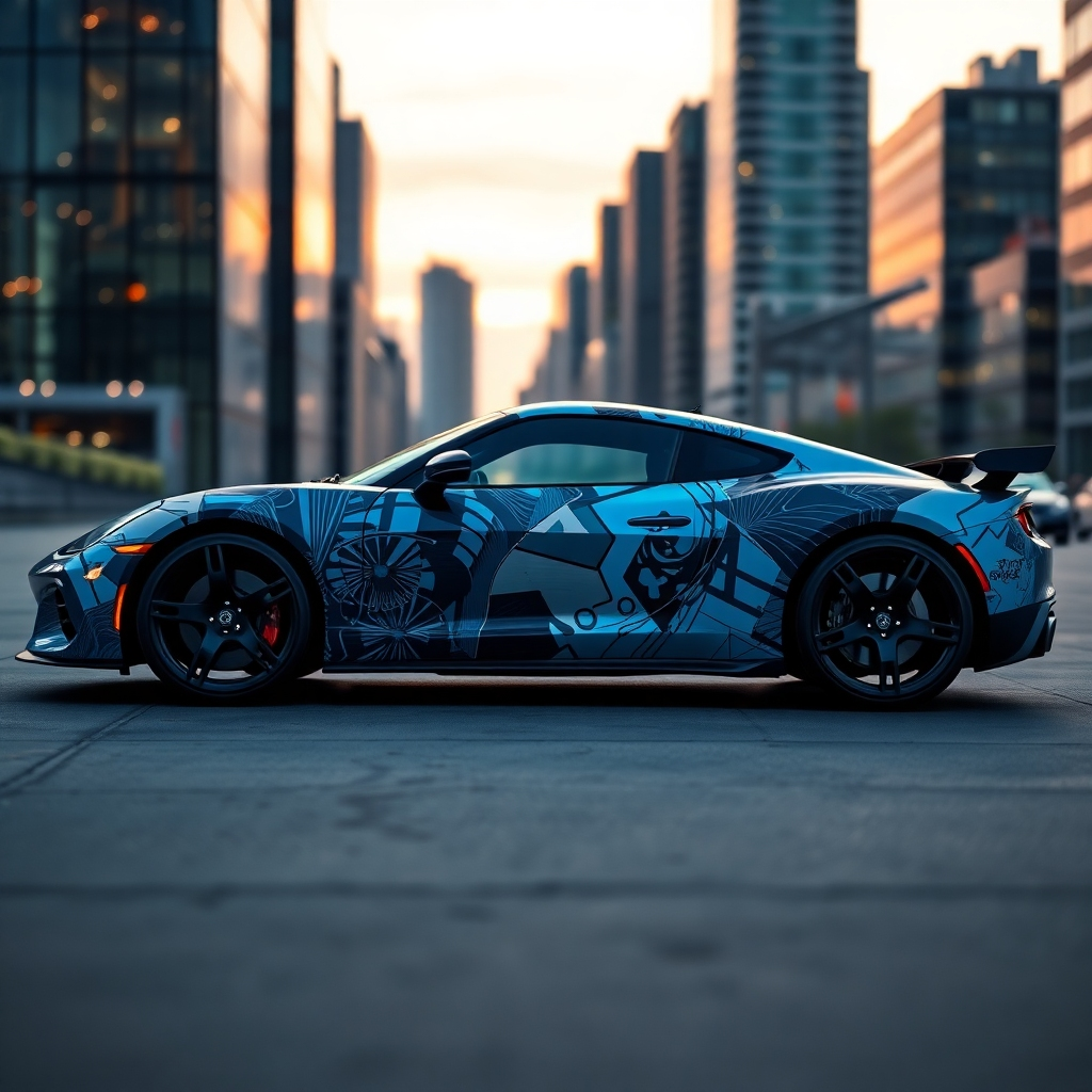 An ultra-detailed, hyperrealistic image, 8K resolution, of a sleek, modern sports car wrapped in a custom, full-body graphic. The wrap is a vibrant design featuring a combination of geometric patterns and abstract imagery in a predominantly blue and silver color scheme.  The lighting is dramatic side lighting, creating a sense of depth and highlighting the sharp details of the wrap. The car is parked in a modern urban setting, with a blurred background of glass skyscrapers and city lights at twilight. The camera angle is a three-quarter view, showcasing both the side and back of the car. The style is inspired by automotive photography by renowned automotive photographer, showcasing the sleek lines and curves of the car. The texture should highlight the smooth, reflective surface of the vinyl wrap and the metallic texture of the car's body. The color palette is rich and saturated, reflecting the high quality of the printing. The overall mood is sophisticated, modern and dynamic.