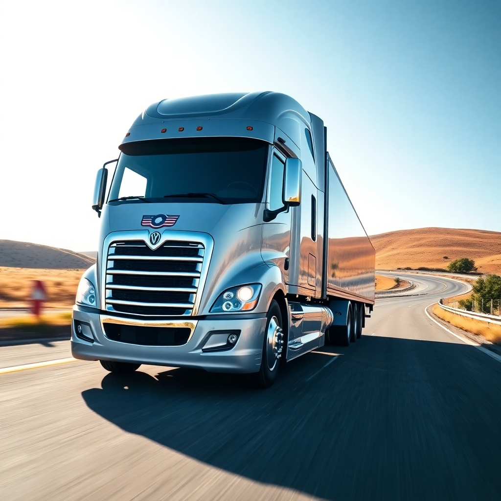 An ultra-high-definition (8K) image depicting a dedicated contract carriage service. The main focus is a sleek, modern semi-truck, branded with a fictional yet professional logo, cruising down a well-maintained highway. The truck is clean and in pristine condition, reflecting the high standards of the service. Soft, even lighting enhances the details of the truck's paint job and chrome accents.  The color palette is sophisticated, with the company's branding colors subtly integrated into the design. The perspective is from a slightly low angle, emphasizing the truck's imposing size and power.  The road should be perfectly paved, with a slight curve to imply motion.  The background is a sun-drenched landscape, perhaps with rolling hills and sparse trees. The image should capture a sense of efficiency and reliability. The camera angle provides a dynamic perspective. The overall mood is one of professionalism and dependability. Texture details should include the smooth paint of the truck, the rough texture of the asphalt, and the details on the tires. The image style is similar to that of high-end automotive advertising photography.  Pay close attention to hyperrealistic details such as reflections on the chrome and the subtle textures of the truck's materials.