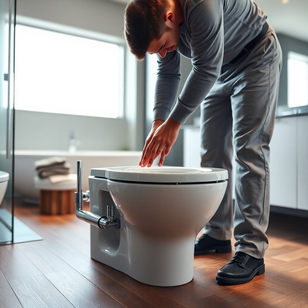 An ultra-high definition (8K resolution) photorealistic image showcasing a plumber installing a new, modern toilet in a luxurious bathroom. The lighting is soft and diffused, creating a calm and inviting atmosphere. The color palette consists of sophisticated greys, whites, and chrome accents, with warm undertones from the wooden floor. The camera angle is from a slightly elevated position, providing a clear view of the plumber's methodical work.  The focus is sharply on the plumber's hands, gently but firmly connecting the toilet to the water supply, with a shallow depth of field blurring the background slightly. The materials should be realistically rendered: the smooth porcelain of the toilet, the gleaming chrome of the fittings, the subtle texture of the wooden floor. The background features a modern, minimalist bathroom with clean lines, and a stylish, oversized mirror. Small details should be included, like a neatly folded towel and a stylish soap dispenser. The overall mood is sophisticated, clean, and professional.  The style should evoke a sense of calm and efficiency, similar to images found in high-end home design magazines.  A hyperrealistic rendering with exceptional detail and texture is essential.