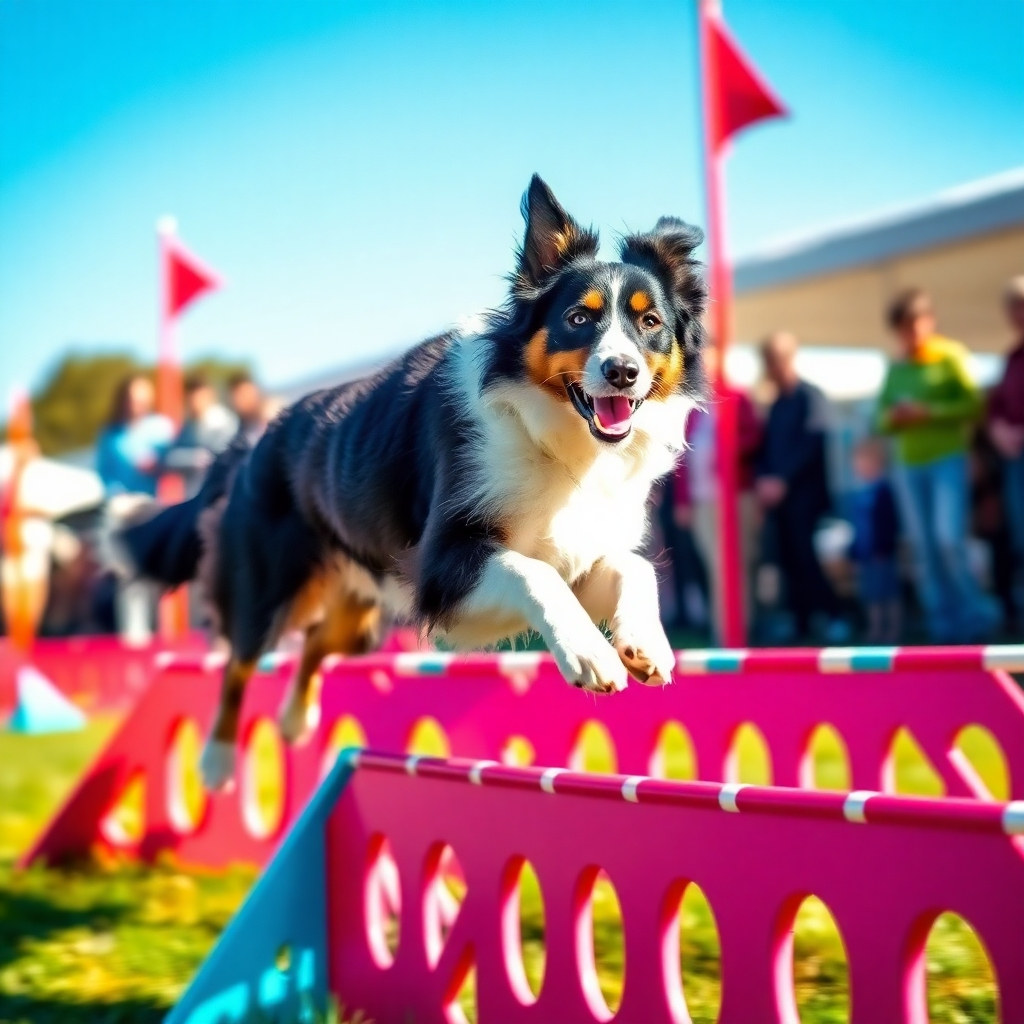 An ultra-high definition, hyperrealistic image of a border collie navigating an agility course outdoors. The course is vibrant, with bright colored obstacles, and the scene is bathed in bright, sunny light, creating sharp shadows. The dog is mid-jump, dynamic, full of motion. The color palette is vivid and saturated, emphasizing the energy and excitement of the training. The camera angle is low and dynamic, capturing the dog's athleticism from an action perspective.  The textures of the dog's fur, the agility equipment, and the surrounding grass should be hyperrealistic and detailed. The background includes spectators softly blurred in the style of motion blur, emphasizing the dog's speed. The image should be sharp, capturing every detail of the dog's movement, conveying a sense of speed, precision and the exhilaration of the activity.  Style reference: Sports photography by Annie Leibovitz.  The composition should create a sense of movement and energy.