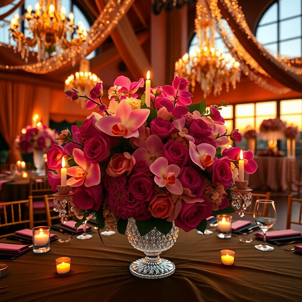An ultra-high-resolution (8K), photorealistic image depicting a breathtaking event space. The scene is set at dusk, with warm, golden hour light streaming in from large windows.  The color palette is rich and vibrant, with deep jewel tones such as emerald green, sapphire blue, and ruby red, accented by gold metallics. The composition focuses on a beautifully decorated table centerpiece: a magnificent arrangement of lush orchids, roses, and hydrangeas in a crystal vase, illuminated by strategically placed candles.  The background showcases the rest of the elegantly decorated event space, featuring draped fabrics, fairy lights, and other sophisticated decorative elements. The camera angle is slightly low, emphasizing the grandeur of the decor. Textures should be meticulously rendered, showcasing the velvety smoothness of the floral petals, the delicate sparkle of the crystals, and the gleam of the metallic accents. The scene is inspired by the elegant event designs of Preston Bailey, known for his extravagant and opulent style.  The image has a luxurious and romantic mood, capturing the exquisite details and creating a feeling of wonder and enchantment.  The image should be hyperrealistic, with an emphasis on ultra-detail and a cinematic quality.