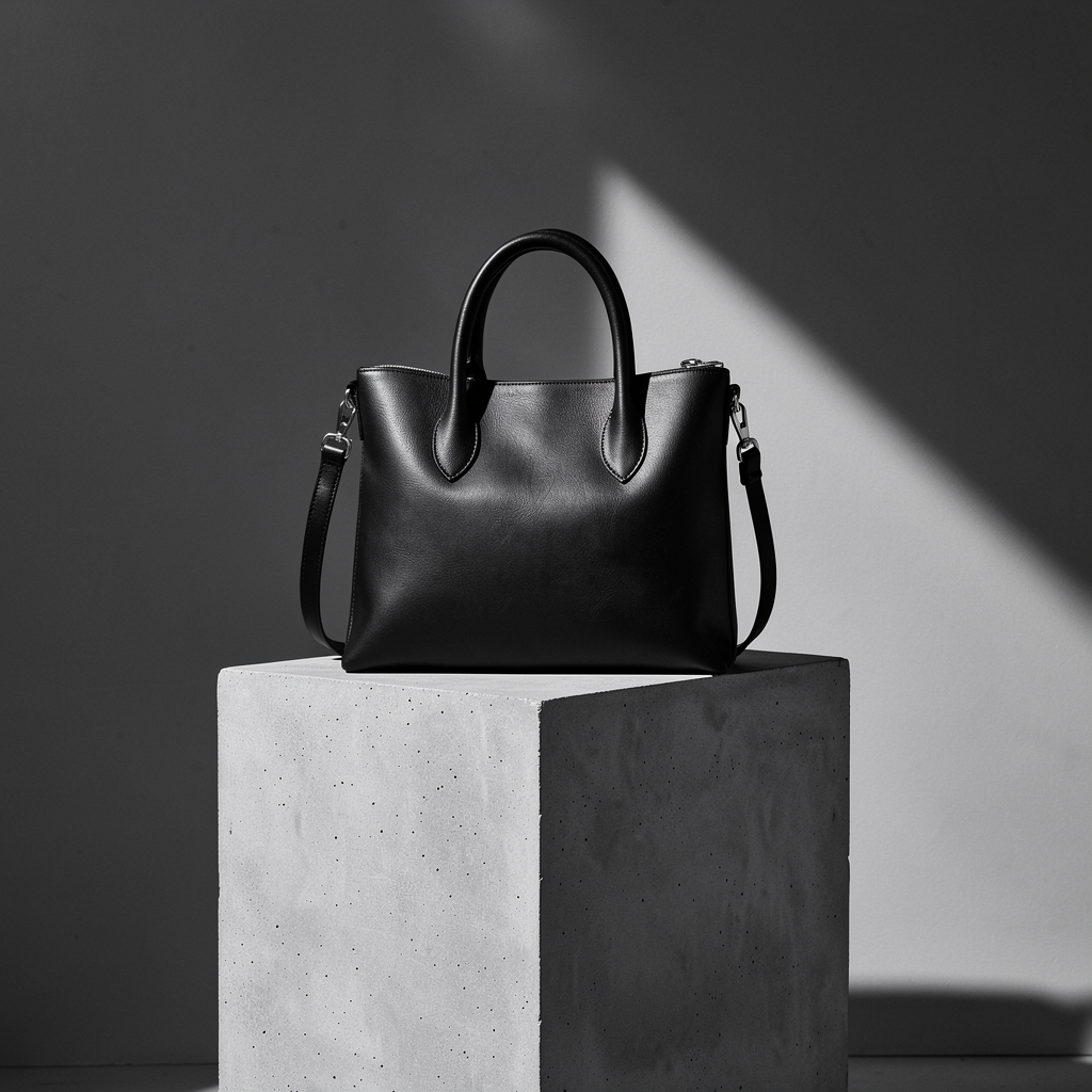 Luxury leather handbag on pedestal
