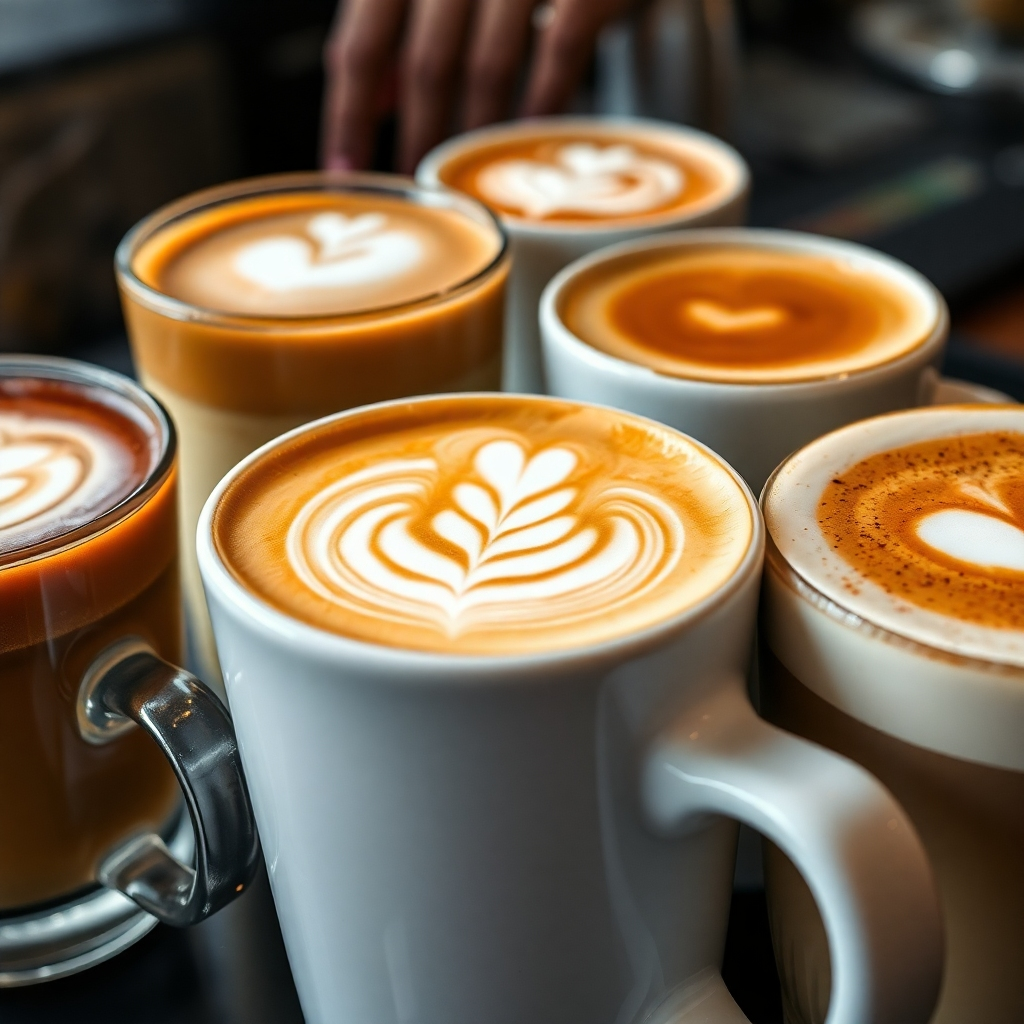 Close-up shot of various specialty coffees; lattes, cappuccinos, macchiatos, with emphasis on latte art and steam.  The color palette should be rich and warm. The resolution should be 4K.