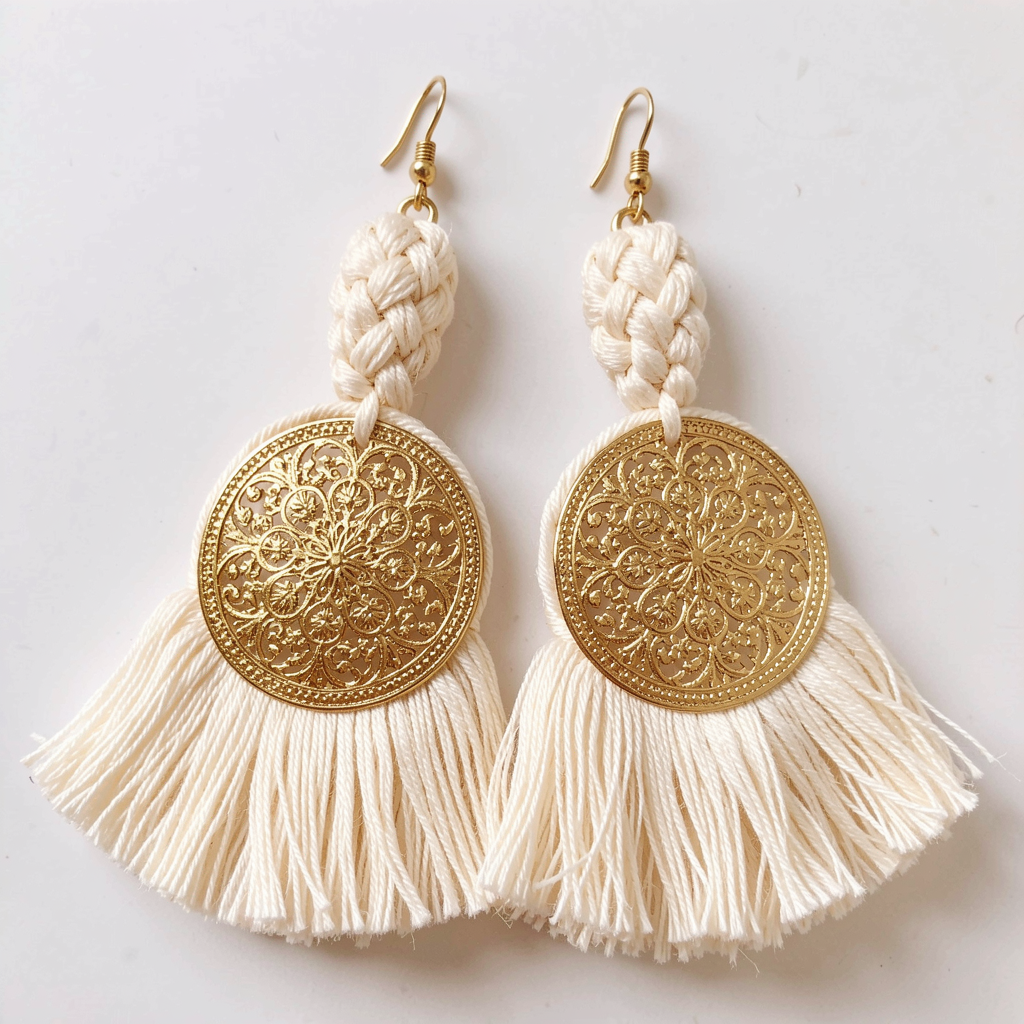 White and Gold Tassel Earrings