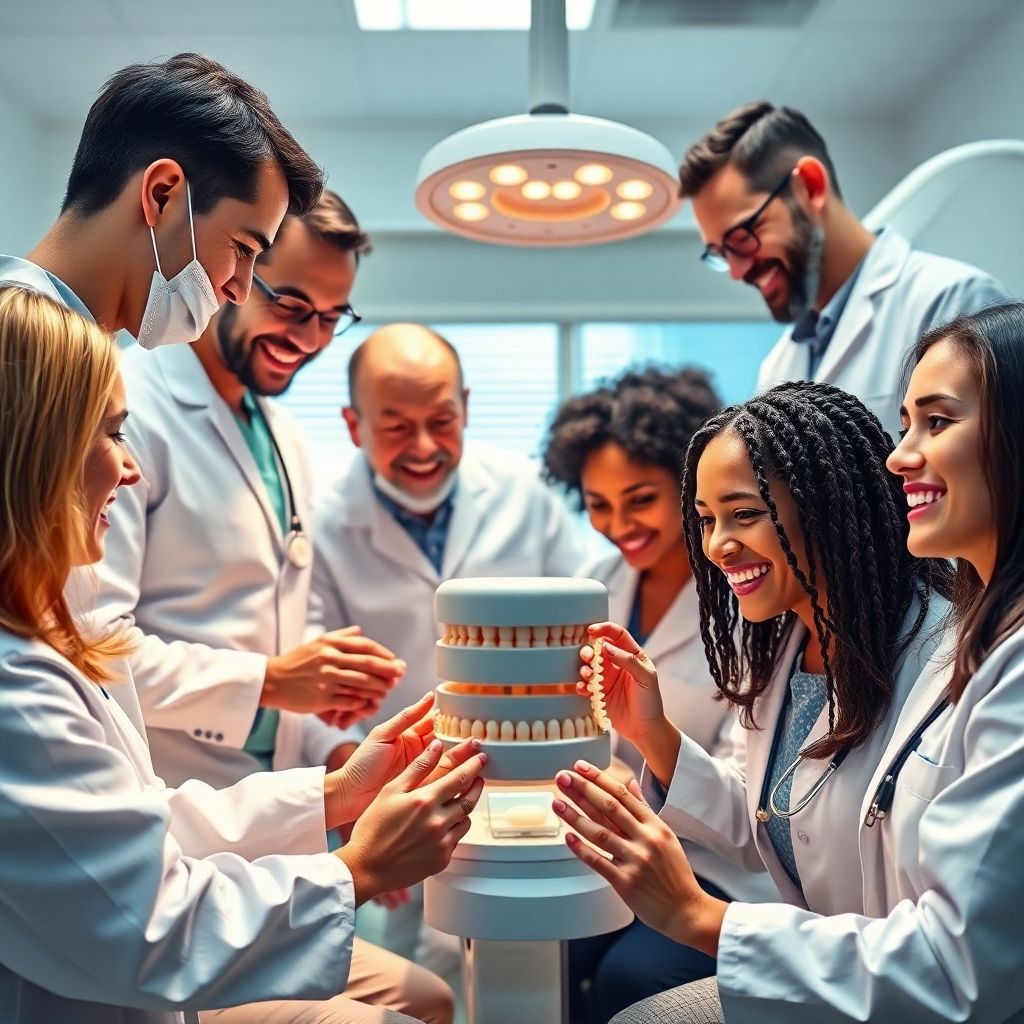 Create a photorealistic, 4K resolution image depicting a diverse group of dentists collaboratively working on a patient's dental model. The image should be well-lit, warm, and inviting, with a modern dental office as the backdrop.  The dentists should be focused but friendly, showcasing the collaborative and supportive nature of the practice.  The color palette should be warm and inviting, focusing on calming blues and greens, but with highlights of the team's energy and dedication. Ensure high-quality textures on the dental model and the equipment. The camera angle should be from a slightly elevated position to capture all the dentists effectively. Style the image similar to a stock photo depicting teamwork and professionalism.