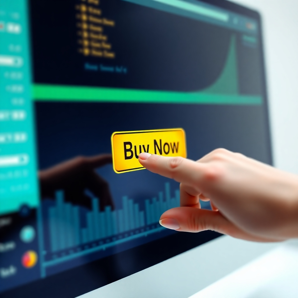 Create a photorealistic image, high-quality 4K resolution, of a hand clicking a brightly colored "Buy Now" button on a computer screen, showcasing a digital transaction process. The focus should be on the hand and button, with the background slightly blurred. The style should be clean and modern, with a focus on vibrant colors and sharp details.  Lighting should be bright and clear, emphasizing the action. The textures should be realistic, showcasing the smooth surface of the button and computer screen.