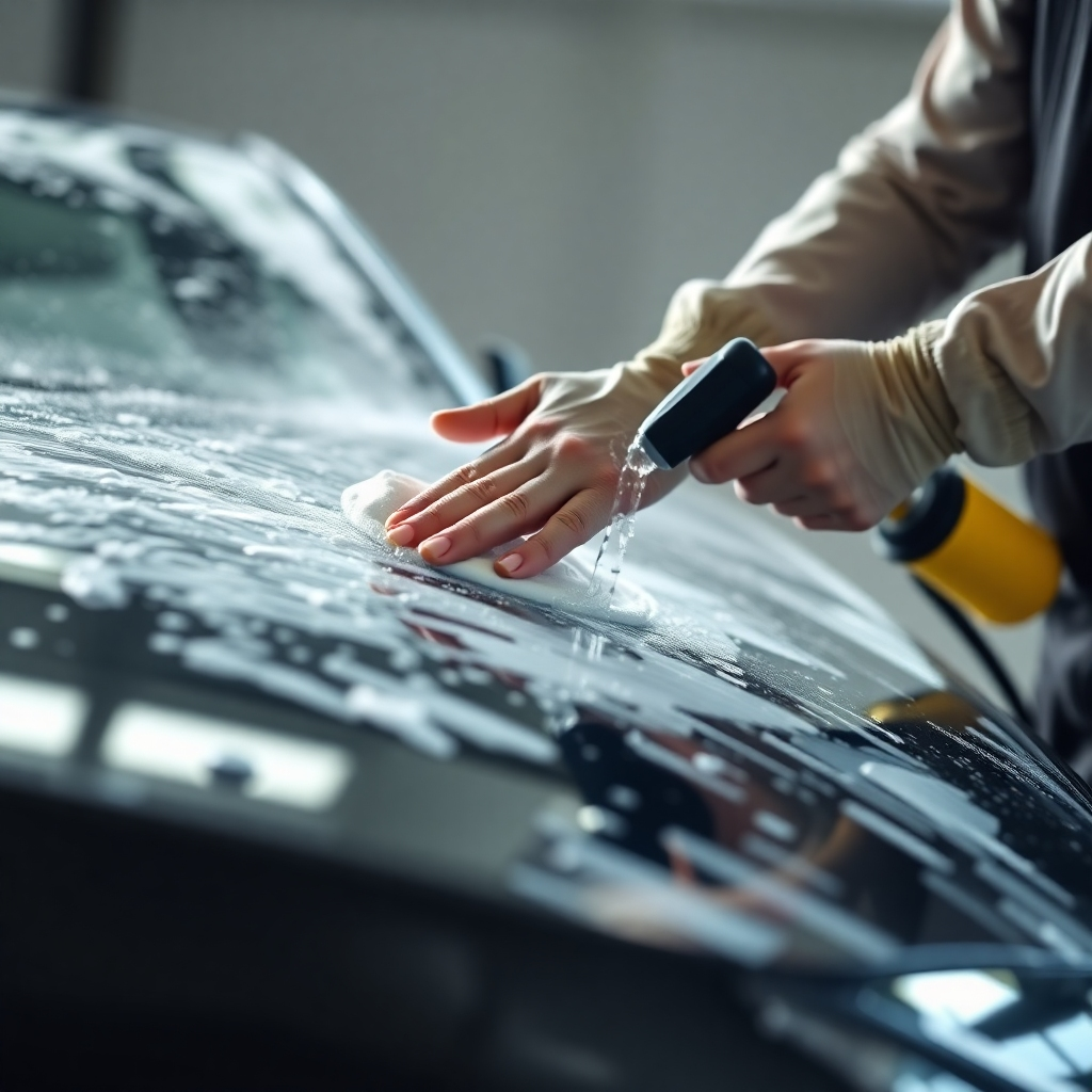Create a photorealistic image of someone meticulously washing a car. The focus should be on the detailed process of washing and drying, emphasizing the tools and techniques. Use soft, natural lighting and a realistic color palette.  The scene should feel calm and serene. The overall style should be clean and professional, emphasizing precision and care. Resolution: 1080p