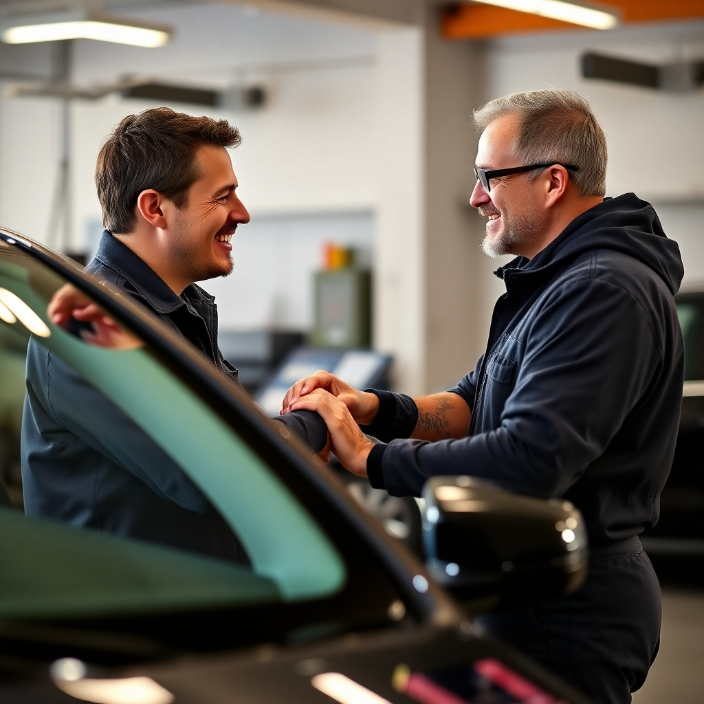Create a photorealistic image of a satisfied customer interacting with a detailer after a successful detailing job.  Emphasize the positive interaction and the glowing look of the vehicle. The lighting should be well-balanced and the color palette should be uplifting.  The composition should emphasize positive human interaction. Overall style should be casual and friendly. Resolution: 1080p