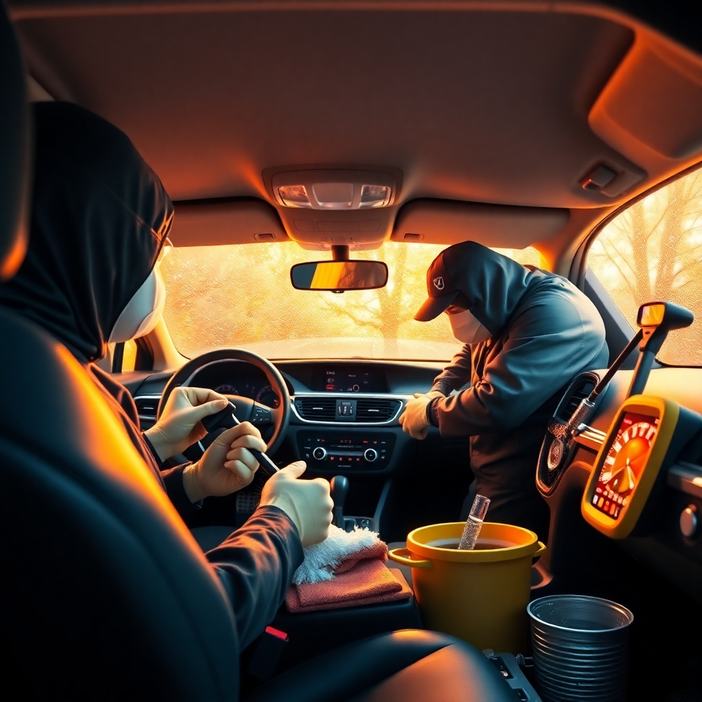 Create a photorealistic image showing the interior of a car being thoroughly detailed, with emphasis on the cleaning of specific elements. Use warm lighting and a color palette that makes the interior feel fresh and clean.  The composition should focus on the detailers working, displaying a variety of cleaning tools.  Overall style should be modern and inviting. Resolution: 1080p