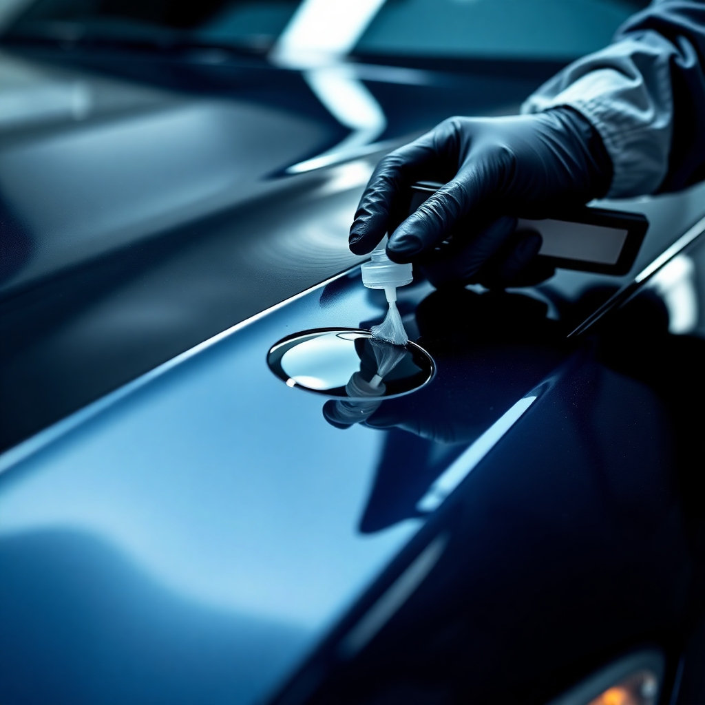 Create a photorealistic image showcasing the final step of car detailing where a detailer applies a sealant or wax.  Emphasize the shine and gloss of the vehicle post-application. The lighting and color palette should convey luxury and protection.  The composition should be close-up, emphasizing the quality of the shine. Overall style should be professional and elegant. Resolution: 1080p