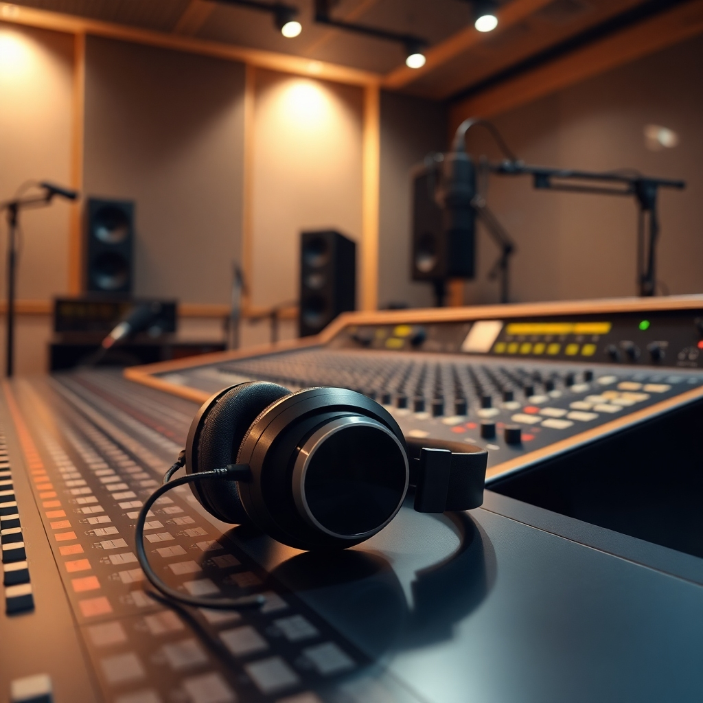 Create a photorealistic, ultra-high-quality 8K image depicting a modern recording studio. The main subject should be a pair of high-end studio headphones resting on a pristine mixing console, subtly reflecting the ambient light. The console should be partially visible, showcasing its faders, knobs, and meters.  The background should be a softly lit, spacious studio environment, possibly featuring acoustic treatment and some high-end microphones. Use a warm, inviting color palette with soft highlights and deep shadows to create a sense of depth and sophistication.  The camera angle should be slightly elevated, capturing the scene from a perspective that emphasizes the craftsmanship of the equipment.  Texture details are crucial—show the fine grain of the wood, the metallic sheen of the knobs, the softness of the headphones.  The overall style should evoke a sense of precision and artistry.  Reference images: high-end audio equipment product photography, architectural photography of modern studios, and cinematic lighting techniques.  The final image should be hyperrealistic and visually stunning, conveying the feeling of high-end audio production.