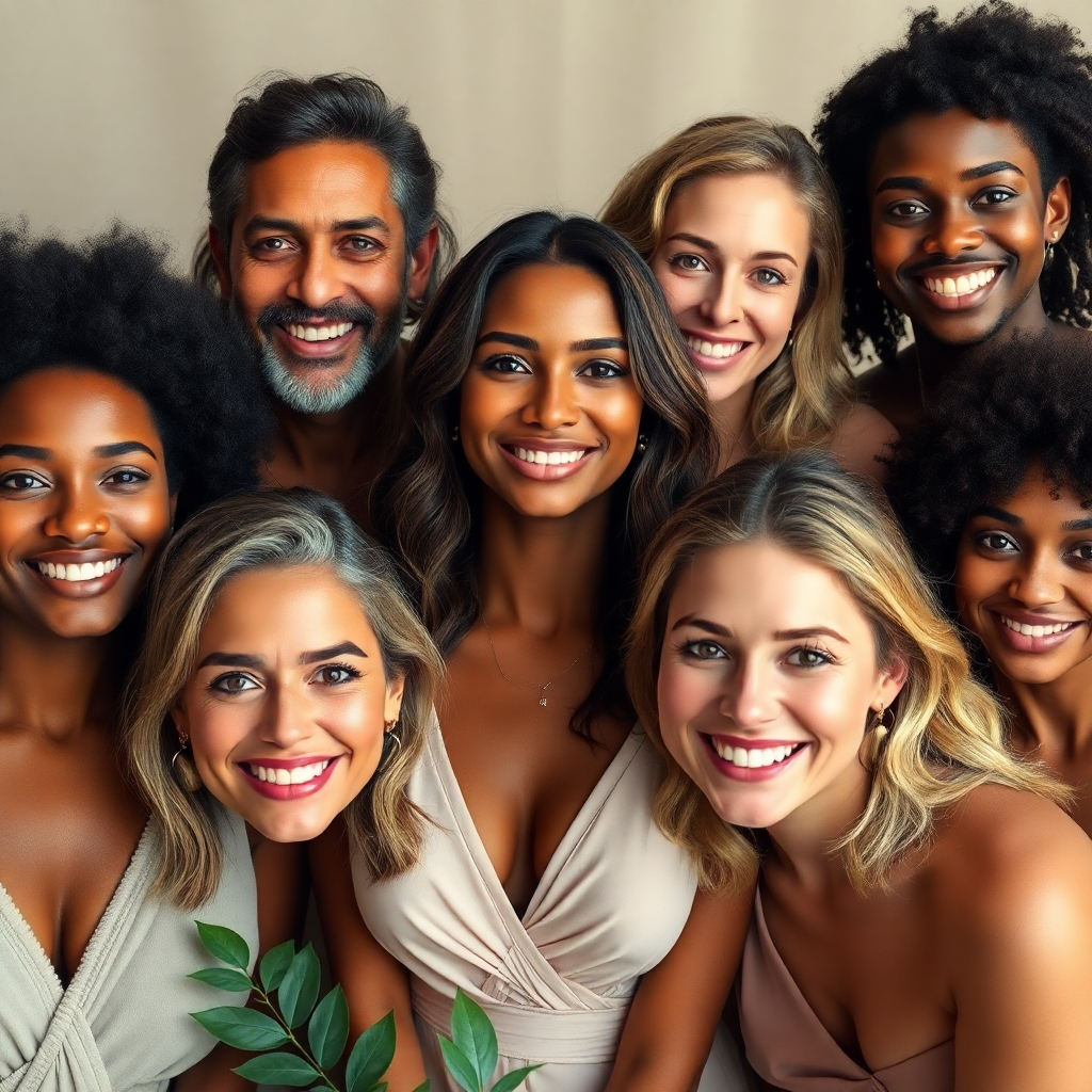 Create a photorealistic, ultra-high-quality 8K resolution image depicting the essence of beauty. The subject should be a diverse group of people of different ages, ethnicities, and body types, each radiating confidence and self-acceptance.  The composition should be balanced, with soft, natural lighting illuminating the subjects' faces.  The color palette should be warm and inviting, with soft, natural tones. The camera angle should be slightly elevated, creating a flattering perspective.  The texture of the subjects' skin and hair should be highly detailed and realistic.  The environment should be a minimalist, elegant setting with neutral-toned backgrounds, subtly hinting at nature or serenity. Relevant props could include simple, elegant accessories or nature elements (flowers, leaves). Style references could include the work of Annie Leibovitz or Steve McCurry, emphasizing natural beauty and individual expression. The final image should be hyperrealistic and evoke feelings of empowerment and celebration of diversity.