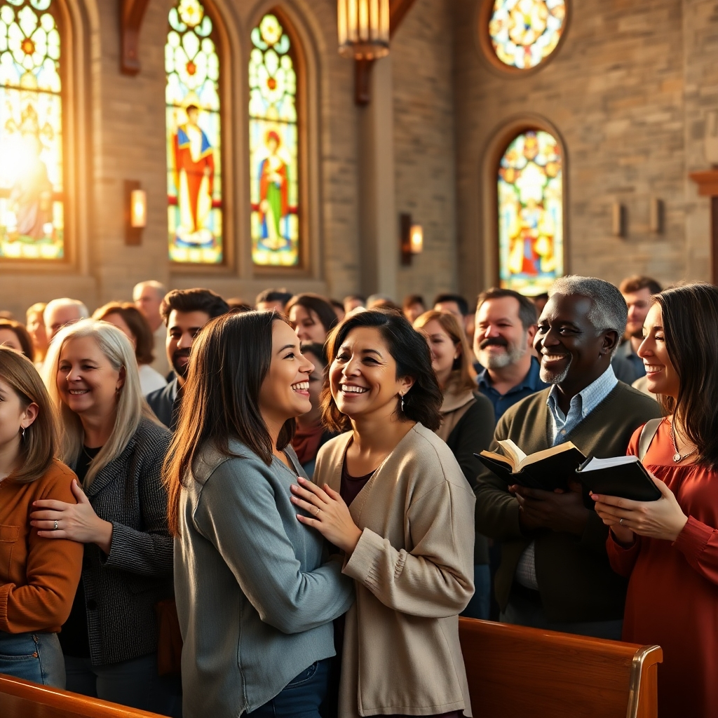 Create a photorealistic, ultra-high-resolution (8K) header image depicting a diverse and welcoming congregation gathered in a modern, yet spiritually significant church setting.  The composition should focus on a group of people of various ages and ethnicities smiling warmly, interacting genuinely with one another, some perhaps embracing or engaged in conversation.  The lighting should be soft and natural, streaming in through large stained-glass windows, casting a warm, golden hue across the scene, while maintaining a realistic and balanced lighting scheme without harsh shadows. The color palette should be predominantly warm and inviting, featuring rich earth tones, subtle pastel highlights, and the vibrant colors of the stained glass, creating a mood of peace, joy, and inclusivity. The camera angle should be slightly elevated, offering a slightly wide view to encompass the group and the surrounding architectural details, but still capturing the intimate interactions of the people. The textures should be highly detailed and realistic: smooth polished wood floors, the intricate details of the stained glass, soft and natural fabrics on people's clothing, and the subtle texture of the stone walls. Environmental elements should include subtle architectural elements suggesting a contemporary church design, possibly clean lines, exposed beams, or modern art integrated seamlessly.  Props might include subtly placed Bibles or hymnals, adding to the scene's authenticity. The background should be slightly blurred to keep the focus on the people. The overall style should reference contemporary photography, capturing realistic interactions and emotions.  The image should evoke a sense of warmth, belonging, and spiritual connection, aiming for a hyperrealistic style that emphasizes detail and natural light. The final image should be clean, bright, and reflect a positive and inviting atmosphere., ultra high resolution, photorealistic, 8K, hyperdetailed, cinematic lighting