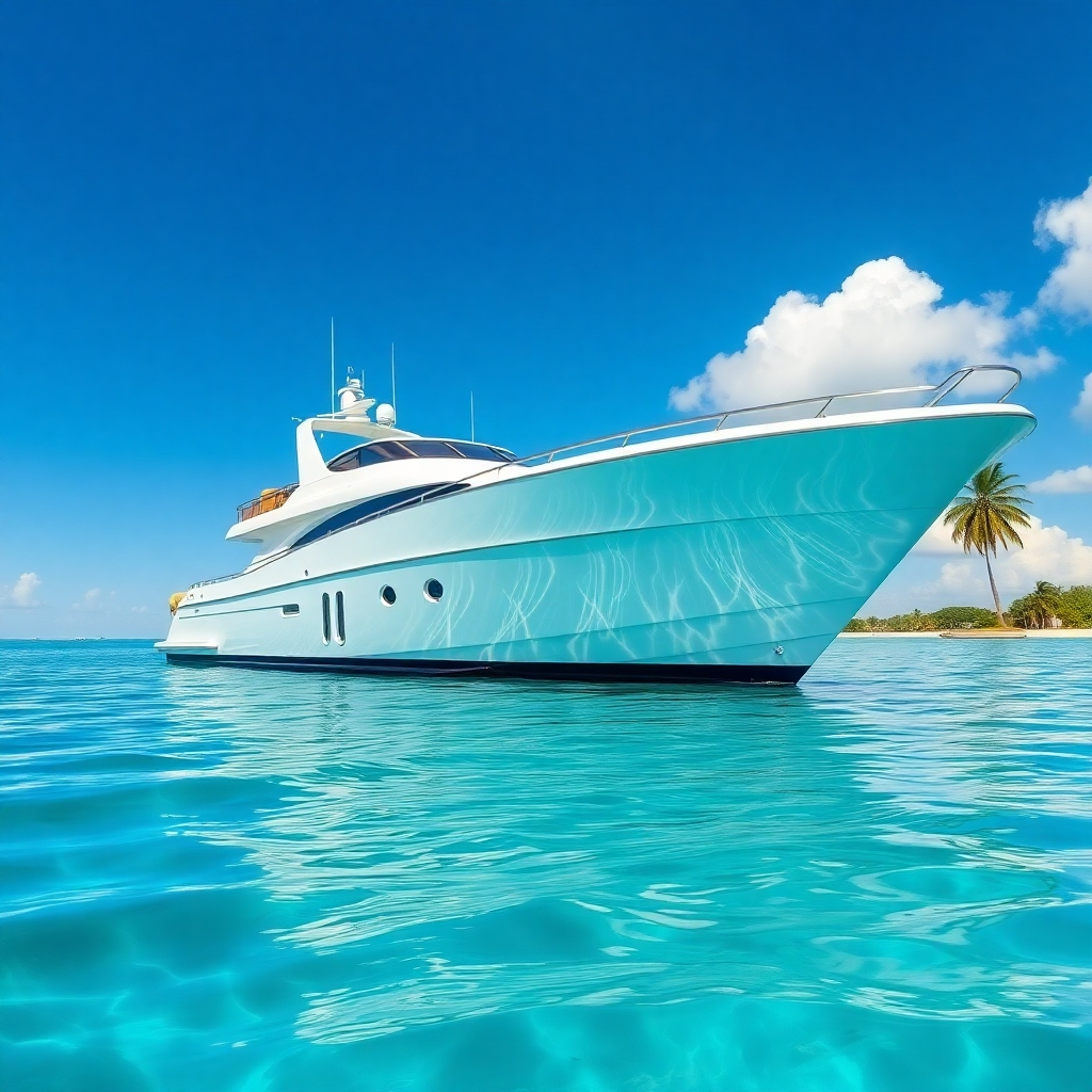 Create a photorealistic, ultra-high-quality 8K image of a gleaming yacht, freshly detailed, floating on calm, turquoise water under a bright, clear sky. The yacht should be the central focus, showcasing its polished hull, spotless decks, and sparkling chrome accents. The composition should emphasize the reflection of the sky and clouds in the water, with a slight wave texture adding realism. The color palette should feature vibrant blues and greens, accented by the yacht's pristine white and metallic details. The camera angle should be slightly elevated, providing a view of the yacht's entire profile. Textures should be highly realistic, capturing the smoothness of the hull, the grain of the deck wood, and the shine of the metallic fixtures. The environment should feel luxurious and tranquil.  Relevant props could include subtle elements like a gently swaying palm tree in the background or a glimpse of a clear blue sky. The style should emulate high-end luxury boat photography, similar to images found in nautical magazines. Technical specs: 8K resolution, hyperrealistic rendering, cinematic lighting, and high dynamic range (HDR) for maximum detail and visual impact.