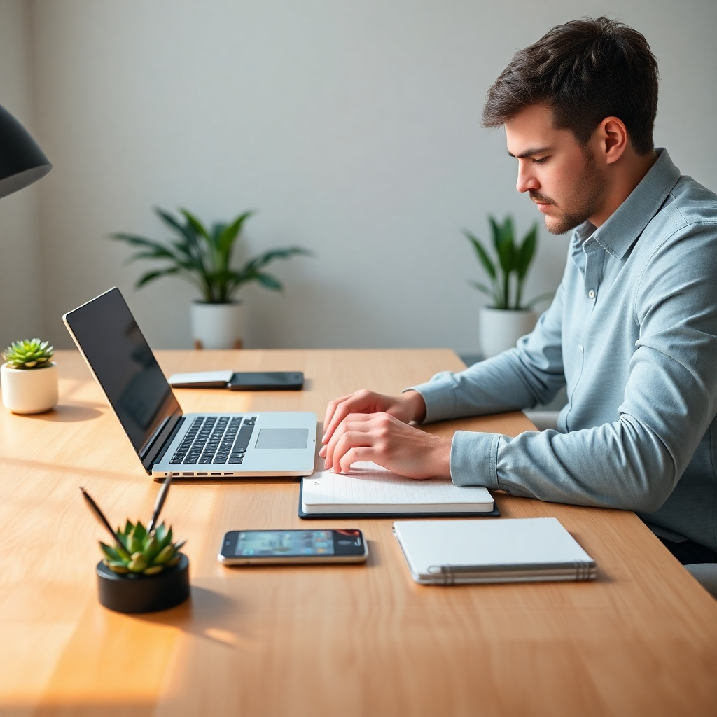Create a photorealistic, ultra-high-quality 8K resolution image depicting a scene where a person is sitting at a desk in a modern, minimalist office, bathed in soft, natural light.  The person should appear focused, with hands hovering over a keyboard, surrounded by sleek technological devices, such as a laptop, a tablet, and a smartphone.  The overall color palette should be calming and sophisticated, using earth tones with hints of teal or soft gray. The desk should be clean, organized, with only essential items present, including a stylish pen holder, a notebook, and a small succulent plant. The camera angle should be slightly elevated, creating a professional yet approachable viewpoint. The texture details should be exceptionally fine, highlighting the smooth surfaces of the devices and the subtle grain of the wooden desk. The overall environment should exude creativity and productivity. The image should evoke feelings of calm focus and professional competence, visually representing the high-quality work of a copywriter.  The style should reference the clean, minimalist aesthetic often seen in high-end technology and design magazines.  The image should be hyperrealistic, with an emphasis on accurate lighting and shadow rendering to achieve a highly polished, professional look.