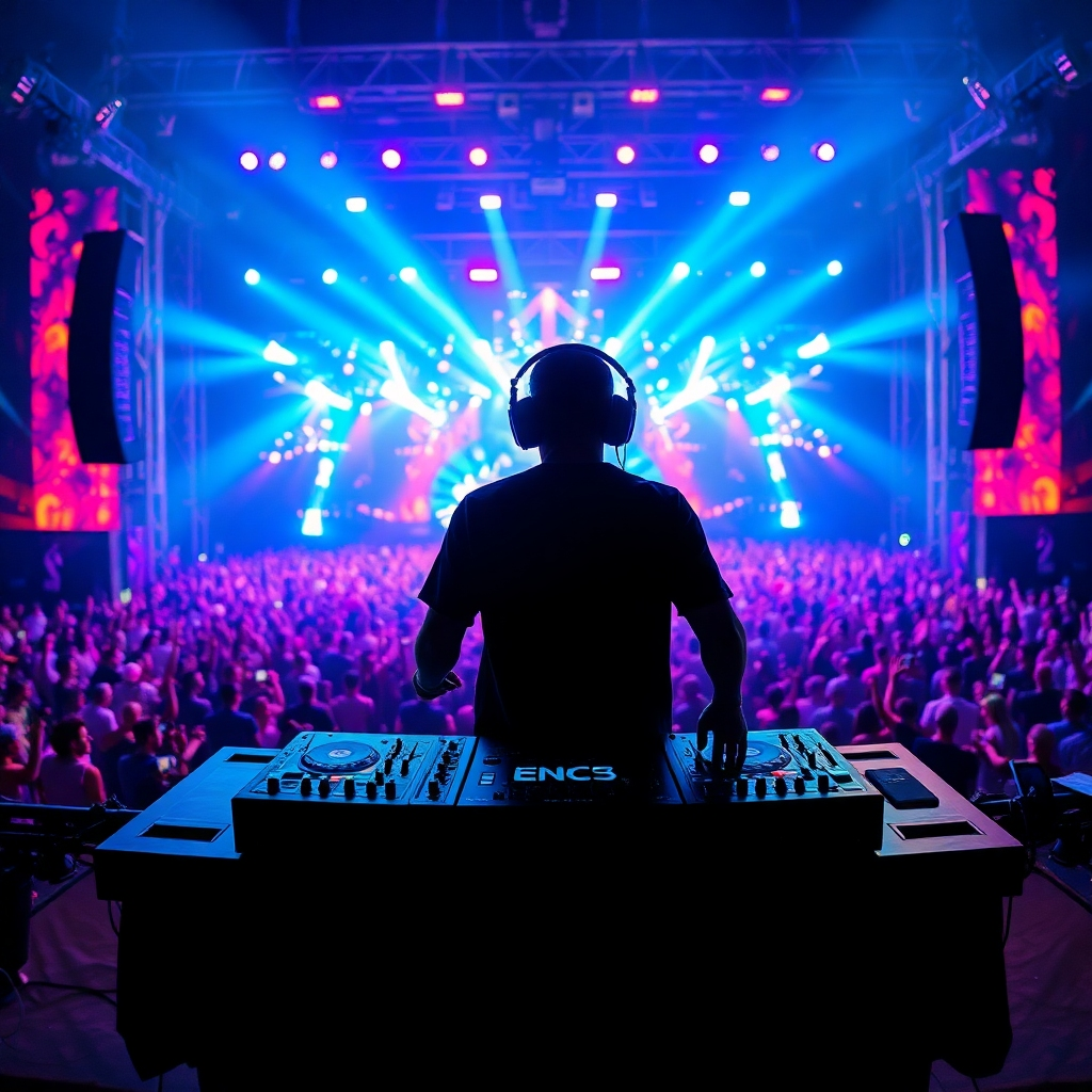 Create a photorealistic, ultra-high-quality 8K resolution image of a DJ performing at a vibrant music festival. The DJ is center-frame, silhouetted against a dazzling stage light show, their hands expertly moving across the decks.  The composition should be dynamic, capturing the energy of the performance. The lighting is a mix of bright stage lights and ambient festival lighting, creating a dramatic contrast and highlighting the DJ's silhouette. The color palette is vibrant, with bold blues, purples, and neon accents. The camera angle is slightly low, looking up at the DJ, emphasizing their power and skill. The image should have a hyperrealistic quality, with fine details visible in the DJ's equipment, the crowd's blurry outlines and the texture of the stage floor.  The overall style should reference high-energy concert photography, capturing a sense of excitement and exhilaration. The environment is a massive outdoor festival stage with a large, enthusiastic crowd in the background; the relevant props are the DJ mixing console, headphones, and various lighting equipment.  The image must have a hyperrealistic rendering style and be 8K resolution.