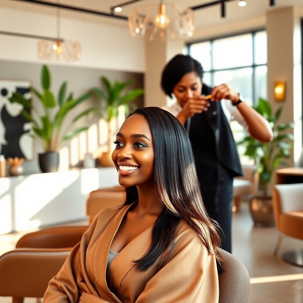 Create a photorealistic, ultra-high-quality 8K resolution image depicting a luxurious beauty salon in Valley, Alabama. The image should feature a modern, elegant interior with clean lines and high-end finishes.  The main focus should be a stylish, mid-length shot of a smiling, diverse female client receiving a hair treatment from a skilled stylist, who should also be smiling and professionally dressed. The salon should be subtly visible in the background, showing hints of other stations, sleek furniture, and spa-like amenities.  The lighting should be soft and natural, with large windows letting in ample sunlight, creating a warm and inviting ambiance. The color palette should be sophisticated and calming, featuring earth tones with accents of gold and rose gold. The mood should convey luxury, serenity and trust.  The camera angle should be slightly elevated, providing a flattering view of the client and stylist. Textures should be meticulously detailed, showcasing the smoothness of the client's hair, the shine of polished surfaces, and the softness of towels and robes. The background should include subtle details like lush plants, artistic wall decor, and modern fixtures. The overall style should be reminiscent of high-end beauty salons featured in magazines like Vogue or Harper’s Bazaar.  The image should possess a hyperrealistic rendering style, exceeding the quality of standard digital photography, with lifelike skin tones, hair texture, and environmental details. Include elements hinting at the salon's spa services, perhaps a glimpse of a massage chair or luxurious skincare products in the background. The final image should be ready for use as a header image on a high-resolution website, immediately conveying luxury and professionalism., ultra high resolution, photorealistic, 8K, hyperdetailed, cinematic lighting