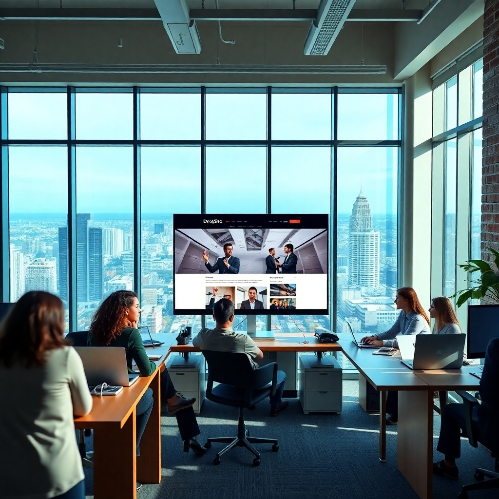 Create a photorealistic, ultra-high quality 8K resolution image depicting a hyperrealistic scene of a modern, sleek office space with large windows overlooking a vibrant city. The main focus should be on a team of diverse web designers collaboratively working on a large monitor displaying a stunning website design. The lighting should be natural and bright, with soft shadows to emphasize the details. The color palette should consist of cool blues and greens contrasted with warm wood tones and metallic accents. The camera angle should be slightly elevated, offering a comprehensive view of the scene.  Texture details should be richly detailed; including the soft sheen of the monitors, the smooth texture of the desks, the rough texture of the exposed brick wall, and the fine weave of the carpets. The environment should feel clean, spacious, and sophisticated, reflecting modern web design aesthetics. Relevant props such as high-end laptops, graphic tablets, and design books should be subtly included in the composition, adding a sense of professionalism and creativity. The overall style should be minimalistic and modern, with inspiration from architectural photography and design magazines, focusing on clean lines and subtle details. The image should evoke a feeling of innovation, collaboration, and professional excellence.