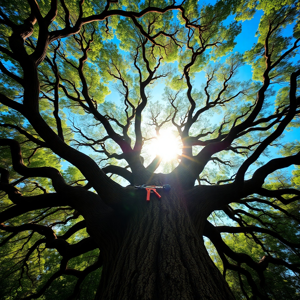 Create a photorealistic, ultra-high-quality 8K resolution image depicting a majestic oak tree, its branches reaching towards a vibrant blue sky.  The sun should be gently illuminating the leaves, creating a warm, inviting glow. The color palette should consist of deep greens, rich browns, and a clear, azure sky. The composition should be a low-angle shot, emphasizing the tree's height and grandeur. The camera angle should highlight the texture of the bark, the intricate detail of the leaves, and the overall strength of the tree. The environment is a lush, green forest with hints of sunlight breaking through the canopy. Include a few strategically placed props such as a skilled arborist's tools resting gently against the tree's base, subtly showcasing expertise. The overall style should evoke a sense of peace, tranquility, and the interconnectedness of nature. The image should be hyperrealistic, conveying incredible detail and a sense of depth.  Reference images could include Ansel Adams' nature photography, emphasizing natural light and composition.