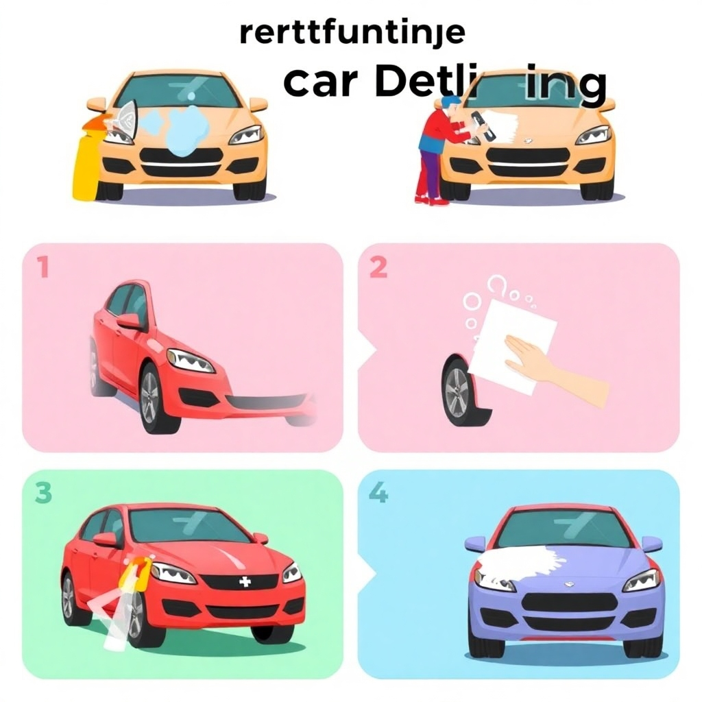 Create a stylized image depicting a sequence of steps in exterior car detailing, from washing to polishing, showing each stage in an illustrative manner.  The composition should be split into sections for easier understanding of each step. The color palette should be bright and easy to follow.  The style should be simple and effective, similar to an infographic. Resolution: 1080p