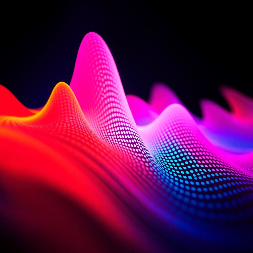 Create a stylized image representing the essence of audio production.  The subject matter could be a sound wave visualization, abstract and dynamic in nature.  Use a vibrant color palette and bold composition, maybe incorporating elements of music notation or musical instruments. The lighting conditions should be dramatic, contrasting light and shadow to create a sense of movement. The camera angle could be a close-up, emphasizing texture and detail. The style should be modern and artistic, potentially referencing digital art and abstract expressionism. Aim for 4K resolution and high visual quality.