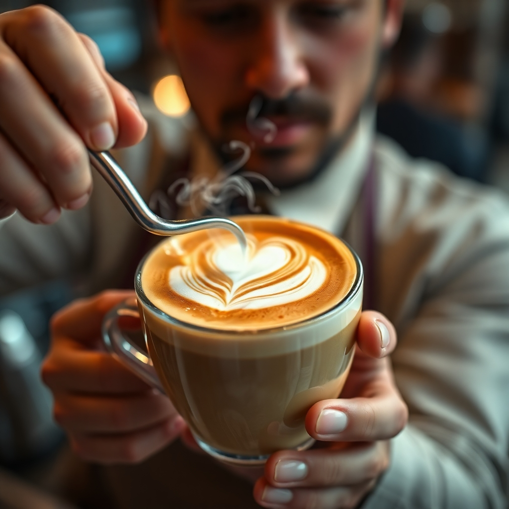 Create a stylized image that captures the essence of our cafe.  The composition should be a close-up shot of a barista skillfully preparing a latte, with a steaming heart in the milk.  The color palette should be rich and warm, with earthy tones and creamy whites. Use a shallow depth of field to blur the background and emphasize the latte art. The texture should highlight the smoothness of the milk and the rich crema on top. The environment should be a stylized version of our cafe, with some bokeh lights to suggest a cozy atmosphere. Use a slightly dramatic lighting to make the latte art stand out, akin to the style of a product shot. The resolution should be 4K, ensuring high quality and detail.  The overall style should be both photorealistic and slightly stylized, highlighting the skill of the barista and the quality of the coffee.