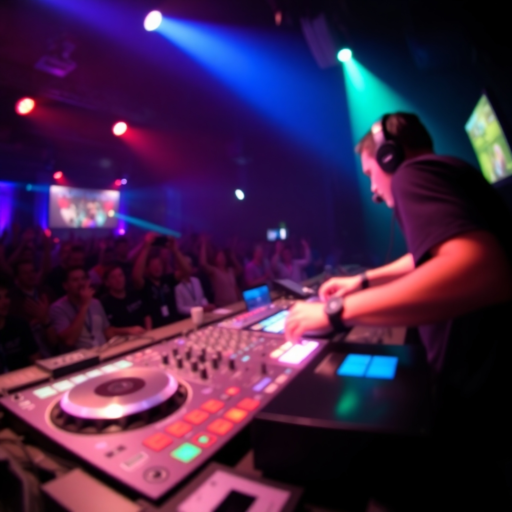  Create an image focusing on a DJ performing live, possibly behind the decks. The environment could be a concert or club setting. The image must have a sense of energy. The lighting should be vibrant and dynamic, reflecting the high-energy atmosphere. The camera angle should capture the motion and excitement of the event, creating a dynamic image. The color palette should reflect the intensity and dynamism of a live performance.