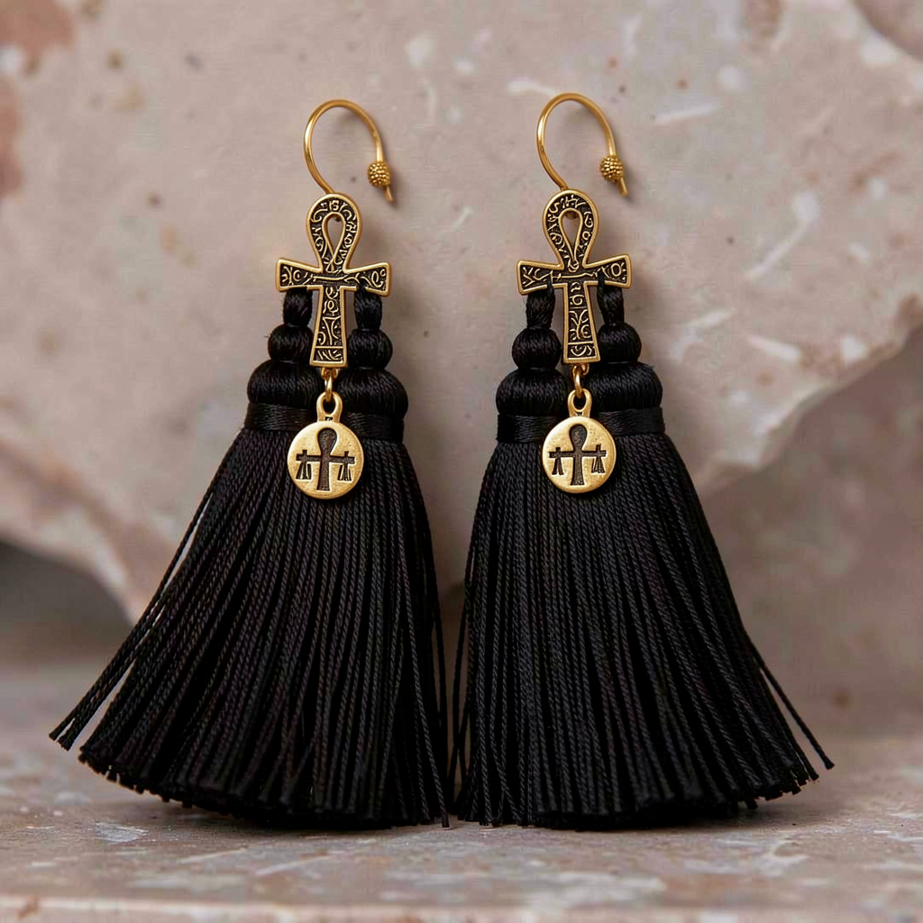 Black Ankh Tassel Earrings