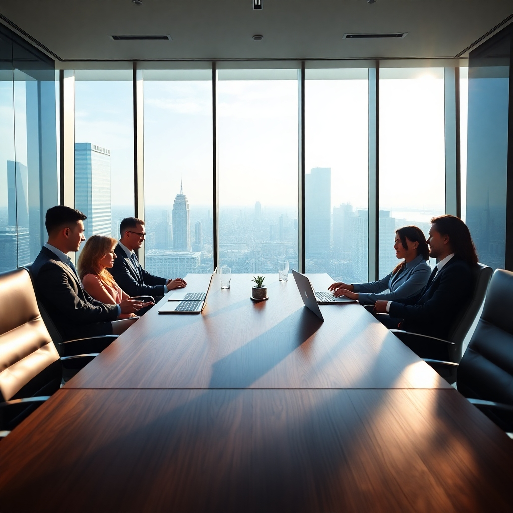 Generate a photorealistic, ultra-high-quality 8K resolution header image depicting a modern, sleek office space with large windows offering a panoramic city view. The lighting should be bright and natural, with soft sunlight streaming in from the windows, casting subtle shadows and creating a warm, inviting atmosphere.  The color palette should be sophisticated and professional, using muted blues, grays, and accents of gold. The overall mood should convey trust, success, and professionalism. The camera angle should be a slightly elevated perspective, showcasing the entire office space, with a focus on a group of diverse, successful-looking professionals collaborating around a large, modern conference table. The professionals should appear engaged in a productive discussion.  The conference table is made of polished dark wood with subtle grain visible, and the surrounding chairs are modern, upholstered in high-quality leather.  The texture and materials should be highly detailed, showcasing the luxurious feel of the space.  Modern technological elements such as sleek laptops and tablets should be subtly incorporated into the scene, suggesting forward-thinking strategies.  The background details should be minimal, emphasizing the clean lines and modern design of the office space. The style should emulate high-end corporate photography, referencing the works of renowned photographers specializing in business and corporate settings. The image should be hyperrealistic, with exceptional detail and clarity in every element, focusing on a sense of calm, efficient productivity, and a feeling of success and growth.  Include subtle branding elements, such as a THE CLOUDS MARKETING ENTERPRISE LLC logo subtly placed on a document or laptop screen, without making it overly prominent., ultra high resolution, photorealistic, 8K, hyperdetailed, cinematic lighting