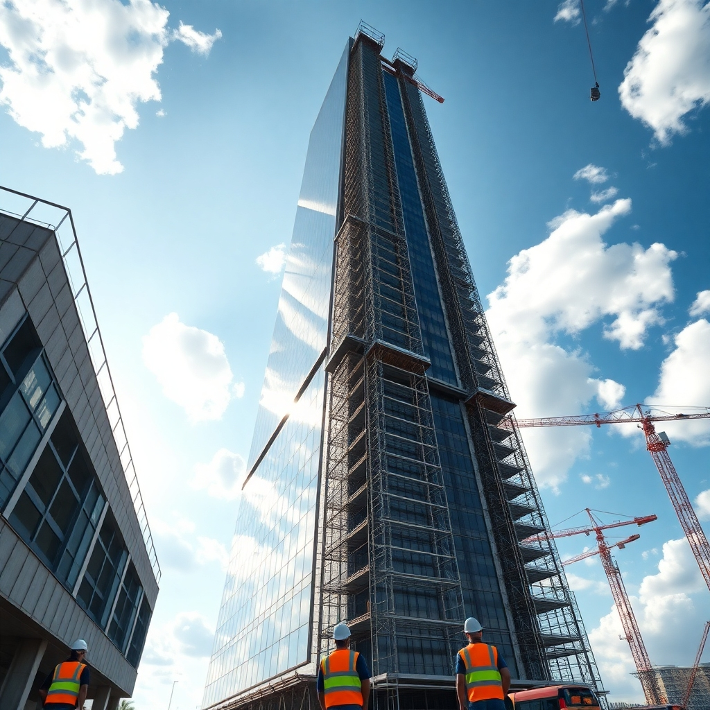 Generate a photorealistic, ultra-high-resolution (8K) header image depicting a modern, high-rise building under construction. The image should showcase the building's sleek, glass-and-steel facade, with intricate steelwork visible against a vibrant, daytime sky.  The lighting should be bright and natural, with the sun casting subtle shadows that accentuate the building's architectural details.  The color palette should be primarily cool-toned blues and grays, with accents of warm metallics from the scaffolding and construction equipment. The mood should convey a sense of progress, ambition, and modern sophistication. The camera angle should be a low-angle shot, looking upward towards the building, emphasizing its height and grandeur.  Include textures such as the rough, textured concrete of the building's foundation, the smooth, reflective glass panels, and the metallic gleam of the scaffolding.  In the foreground, incorporate some construction workers in high-visibility vests, subtly visible, adding a sense of scale and human element. The background should consist of a clear, partly cloudy sky.  Include construction vehicles (cranes, etc.) in the background to further enhance the context. The style should reference high-end architectural photography, aiming for a hyperrealistic, almost cinematic feel. The image should be meticulously detailed, focusing on the textures, reflections, and overall visual fidelity to portray a superior level of quality and sophistication., ultra high resolution, photorealistic, 8K, hyperdetailed, cinematic lighting