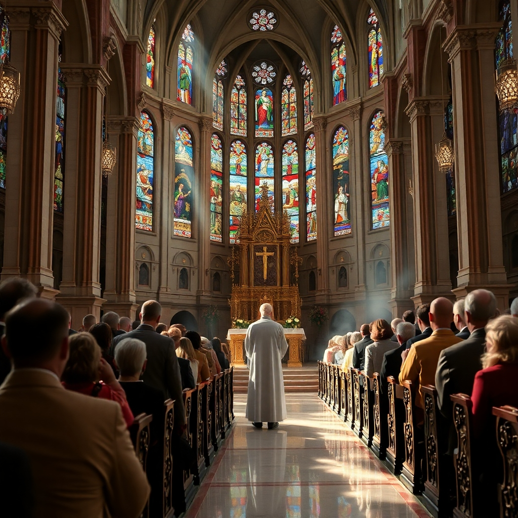 Photorealistic 8k image of a grand Catholic church interior during Sunday mass.  Soft, diffused light streams through stained-glass windows, casting colorful patterns on the polished marble floor. The scene is filled with devout congregants dressed in their Sunday best, their faces illuminated with peaceful expressions. The altar is adorned with intricate gold detailing and fresh flowers.  A priest stands at the altar, delivering a sermon, his voice resonating through the cavernous space.  The camera angle is from the back of the church, slightly elevated, capturing the grandeur of the architecture and the solemnity of the occasion.  The color palette is warm and inviting, with rich jewel tones from the stained glass contrasting with the creamy white of the marble. The image is hyperrealistic, focusing on detailed textures, from the intricate carvings on the pews to the folds of the congregants’ clothing.  In the style of Gregory Crewdson, emphasizing a sense of quiet contemplation and spiritual peace.  The overall mood is one of serenity and reverence. Include elements of incense smoke subtly filling the air.