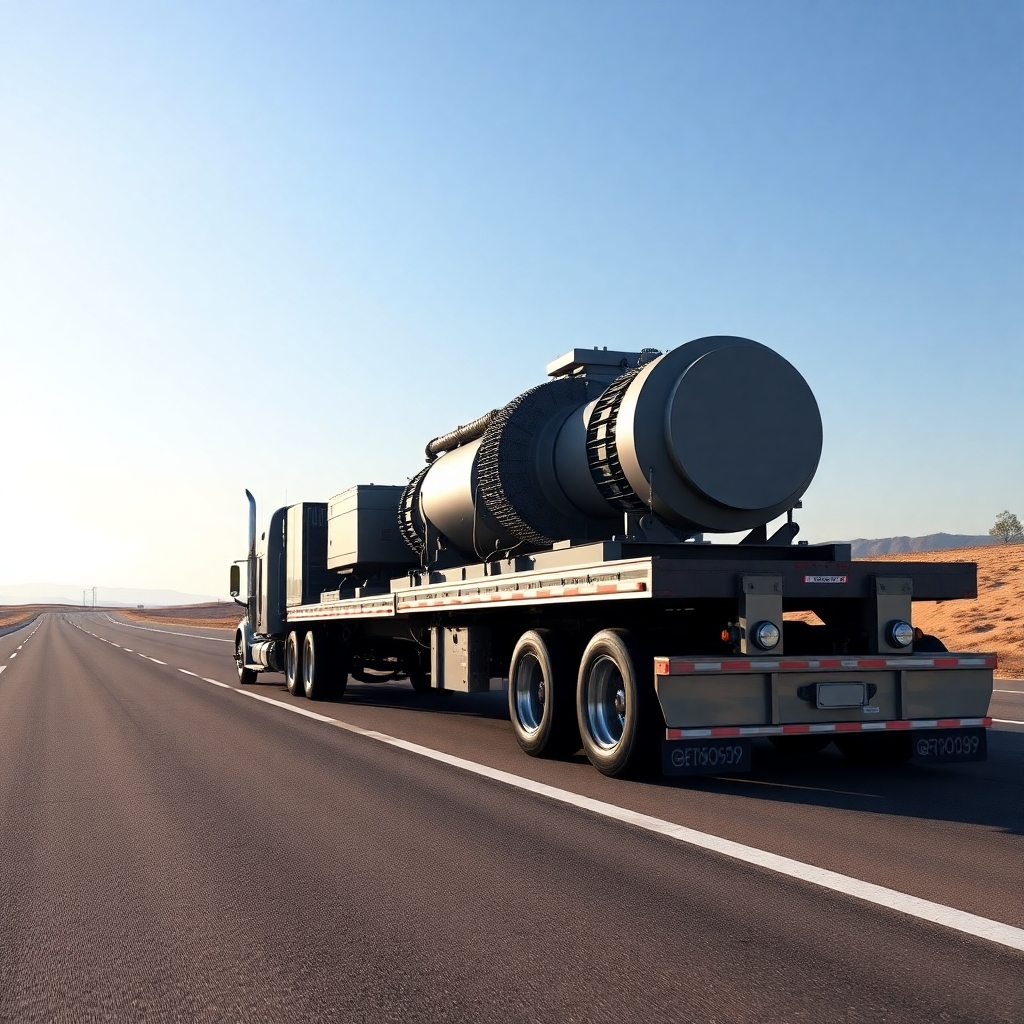 Photorealistic 8K image of a heavy haul trucking operation.  A massive, custom-built lowboy trailer carrying an oversized piece of industrial equipment (e.g., a transformer or a large generator) is the focal point. The trailer is pulled by a powerful, modern semi-truck, with visible details like chrome accents and mud flaps. The setting is a wide, open highway with a slight curve, suggesting movement and scale. The lighting is soft, diffused daylight, casting gentle shadows that emphasize the textures of the truck and the equipment. The color palette is realistic, with muted earth tones and the metallic gleam of the truck and equipment. The camera angle is slightly elevated, providing a full view of the truck and load. The image should showcase the immense size and weight of the cargo, highlighting the precision engineering involved.  The overall mood is one of power, reliability, and professionalism. Include realistic texture details, like the rough surface of the road, the fine details of the truck's components, and the intricate workings of the heavy machinery.  The background features a slightly blurred, expansive landscape with a few distant trees and a clear, blue sky.  The style should be reminiscent of renowned transportation photography, aiming for exceptional clarity and realism. Render hyperrealistic textures, including the reflective surfaces of the truck and equipment, and the fine grains of the asphalt road.  Focus on achieving a sense of depth and scale, emphasizing the impressive size of the load and the power of the truck.