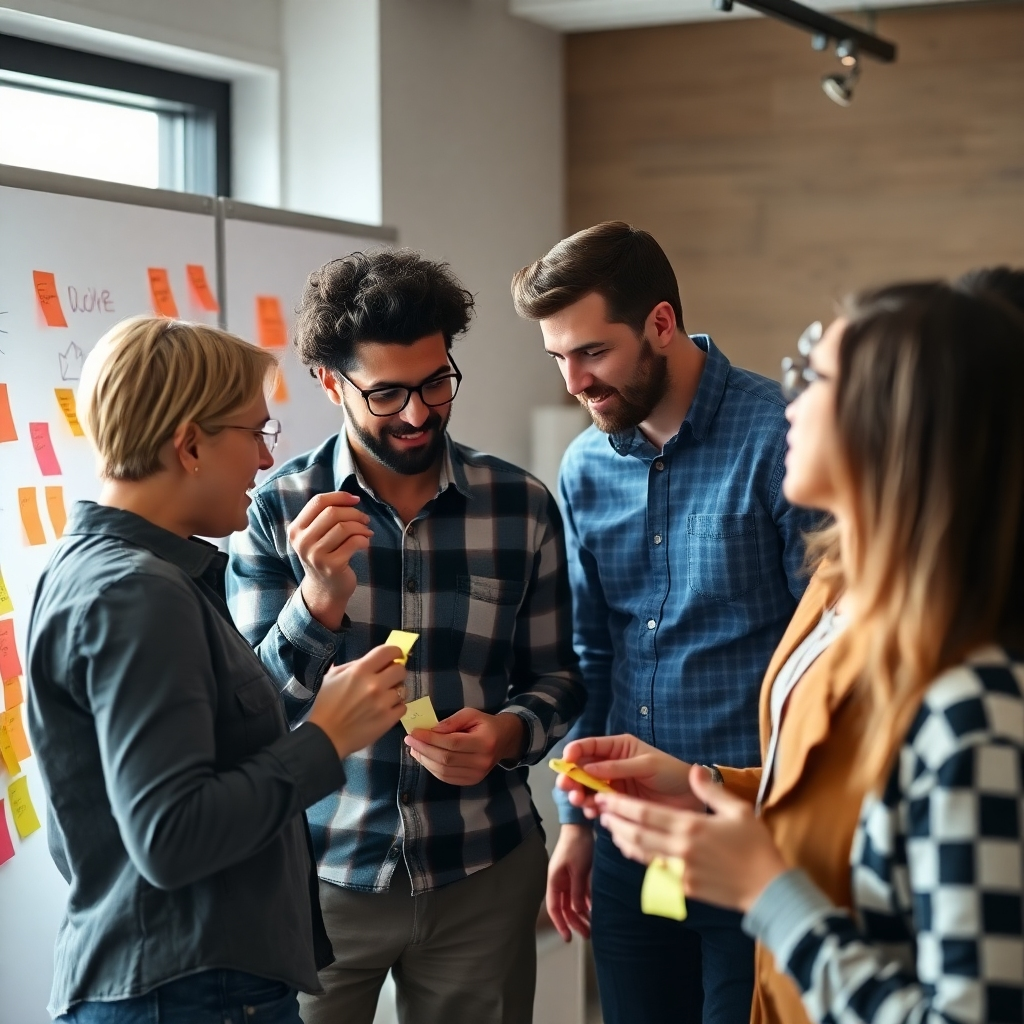 Photorealistic close-up of a brainstorming session.  The image should showcase people collaborating, using whiteboards, sticky notes, and other tools to generate and refine ideas. The lighting is bright, emphasizing the collaboration. The environment is casual and encourages teamwork.