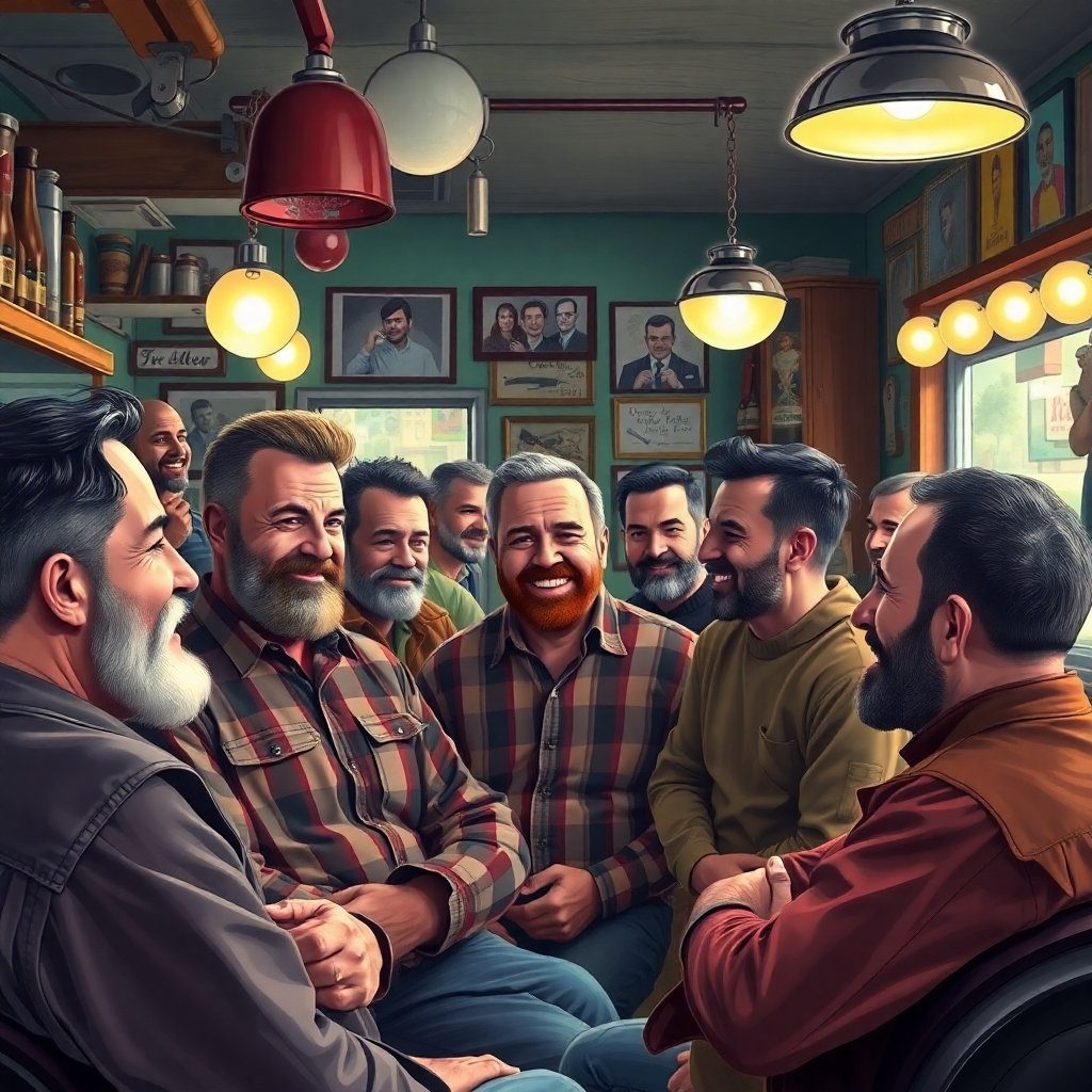 Photorealistic depiction of a diverse group of men chatting and laughing in a vibrant barber shop atmosphere. The mood should be happy, relaxed, and social, with plenty of interaction between the people in the scene.