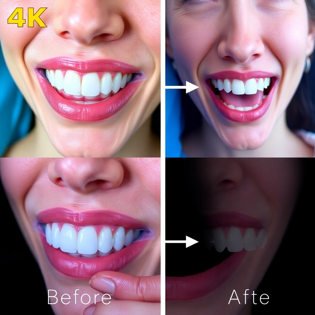 Photorealistic image, 4K resolution, depicting a before-and-after scenario of a patient undergoing a cosmetic dentistry treatment, highlighting the dramatic improvement and transformation.