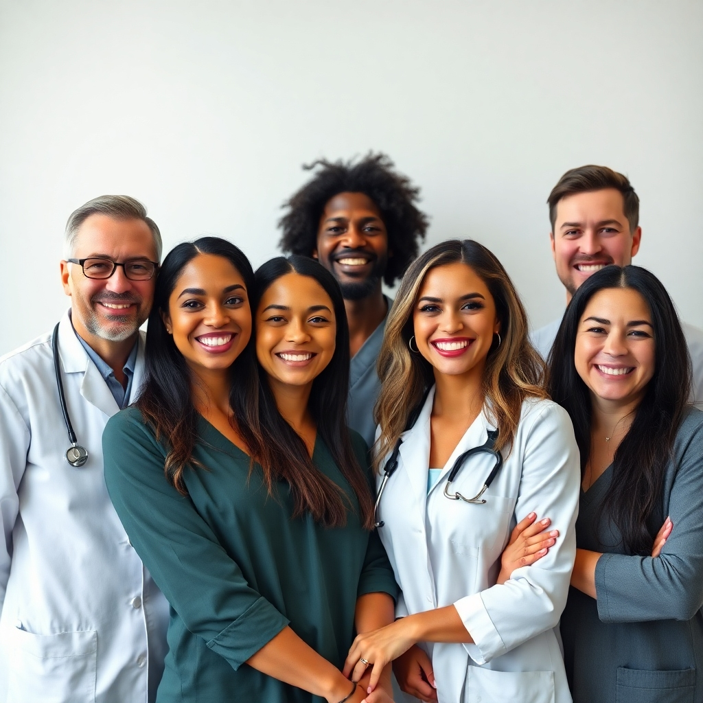 Photorealistic image, 4K resolution. Diverse group of therapists smiling and welcoming. High-quality image with good lighting. Focus on creating a friendly and professional image.