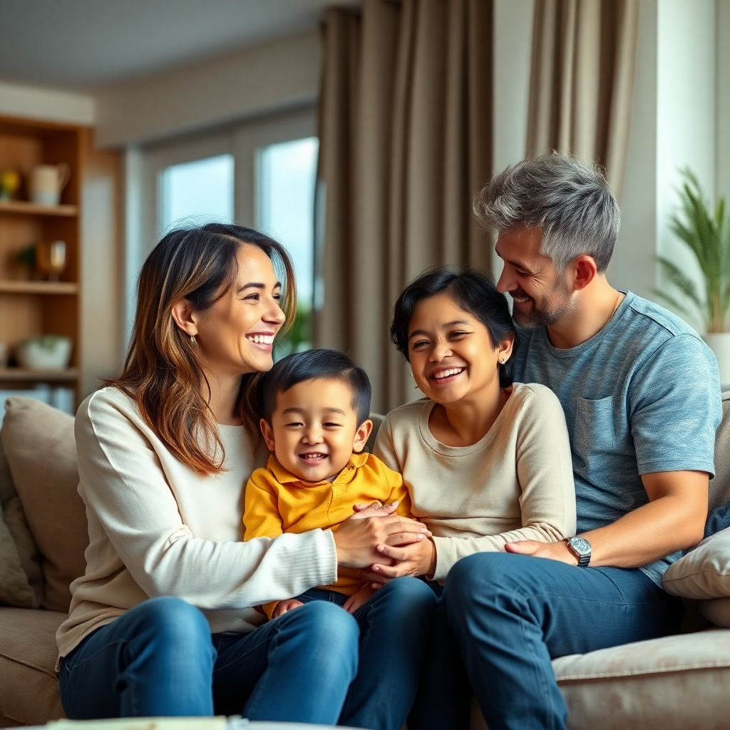 Photorealistic image, 4K resolution, of a happy family interacting positively. The setting should reflect a home environment and convey family unity and support.